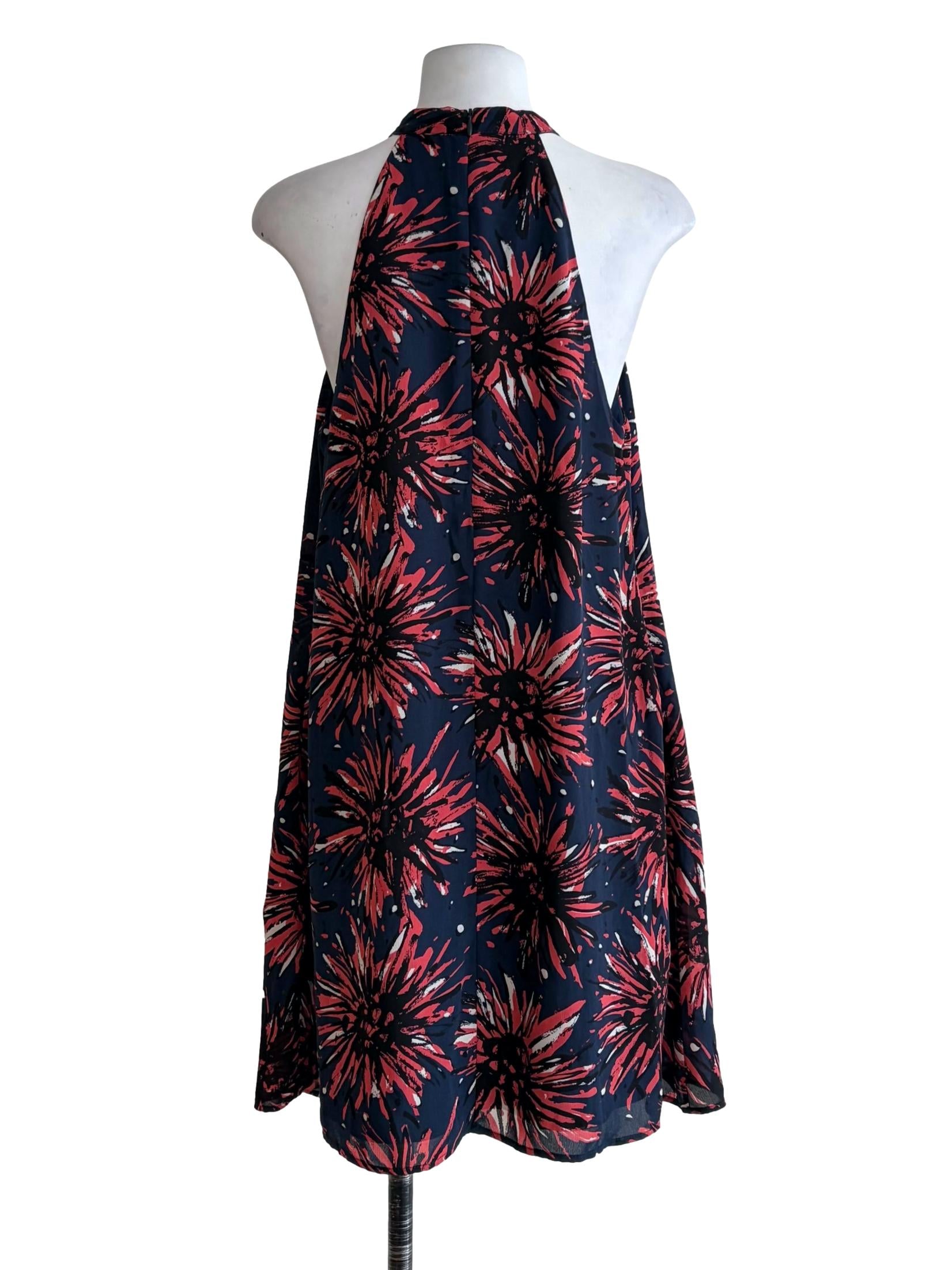 Midnight Blue Red Flower Pattern Halter Dress