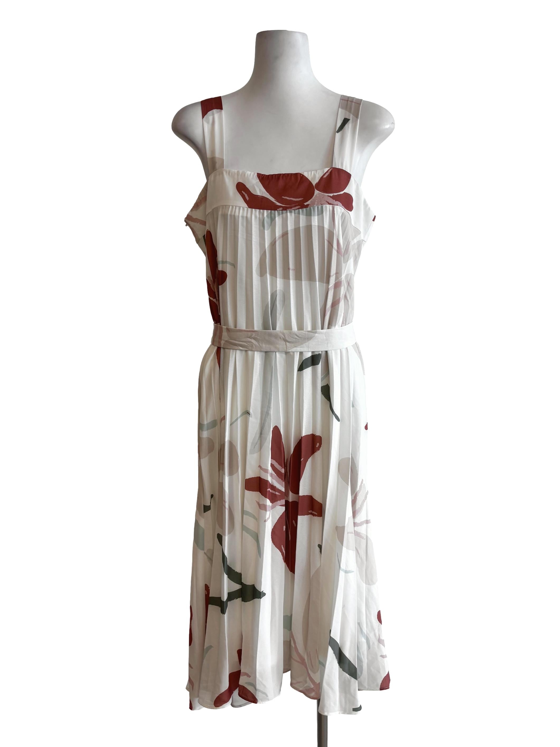 White Floral Print Sleeveless Accordion Dress