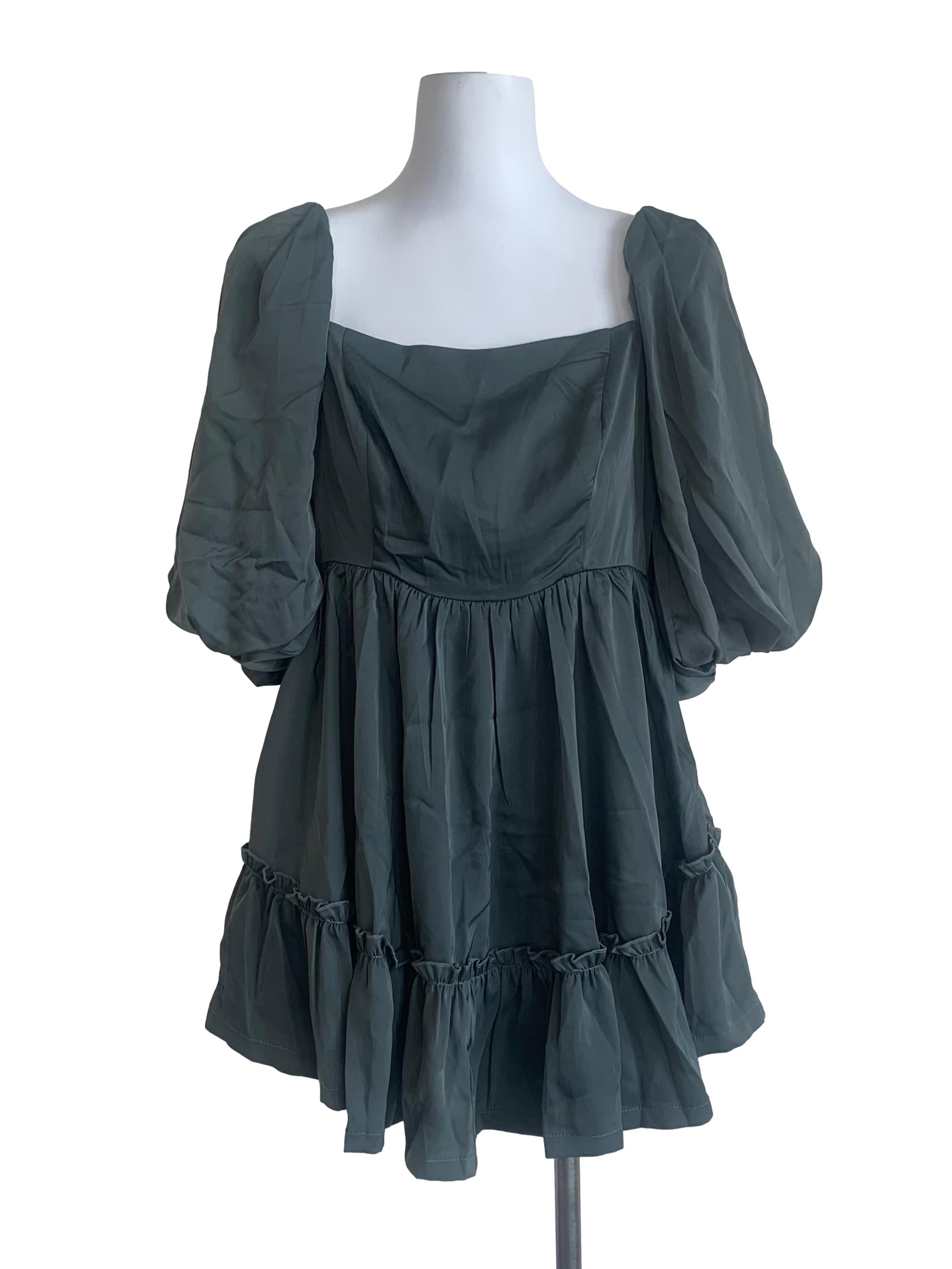 Moss Green Square Neck Peasant Dress