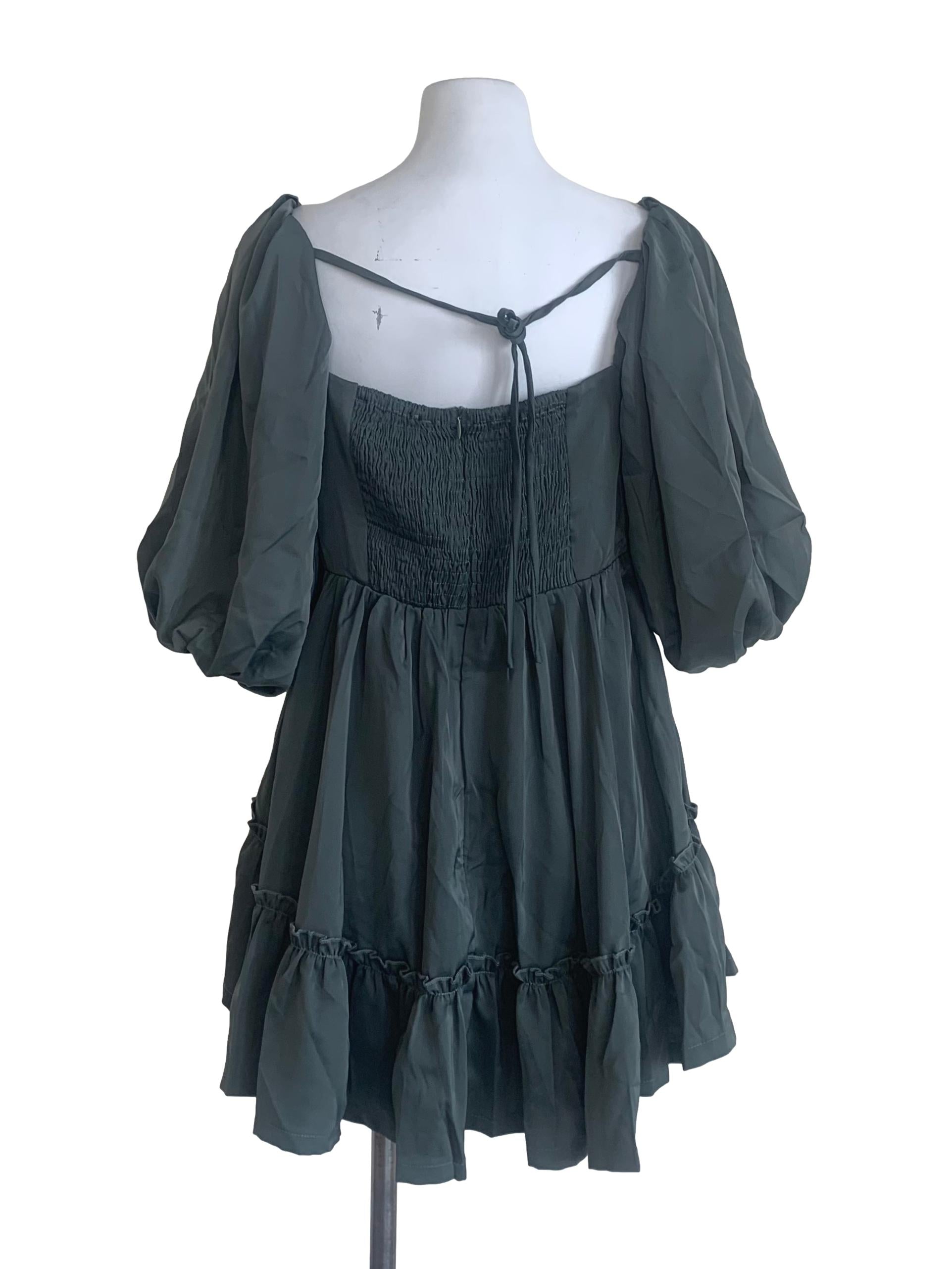 Moss Green Square Neck Peasant Dress