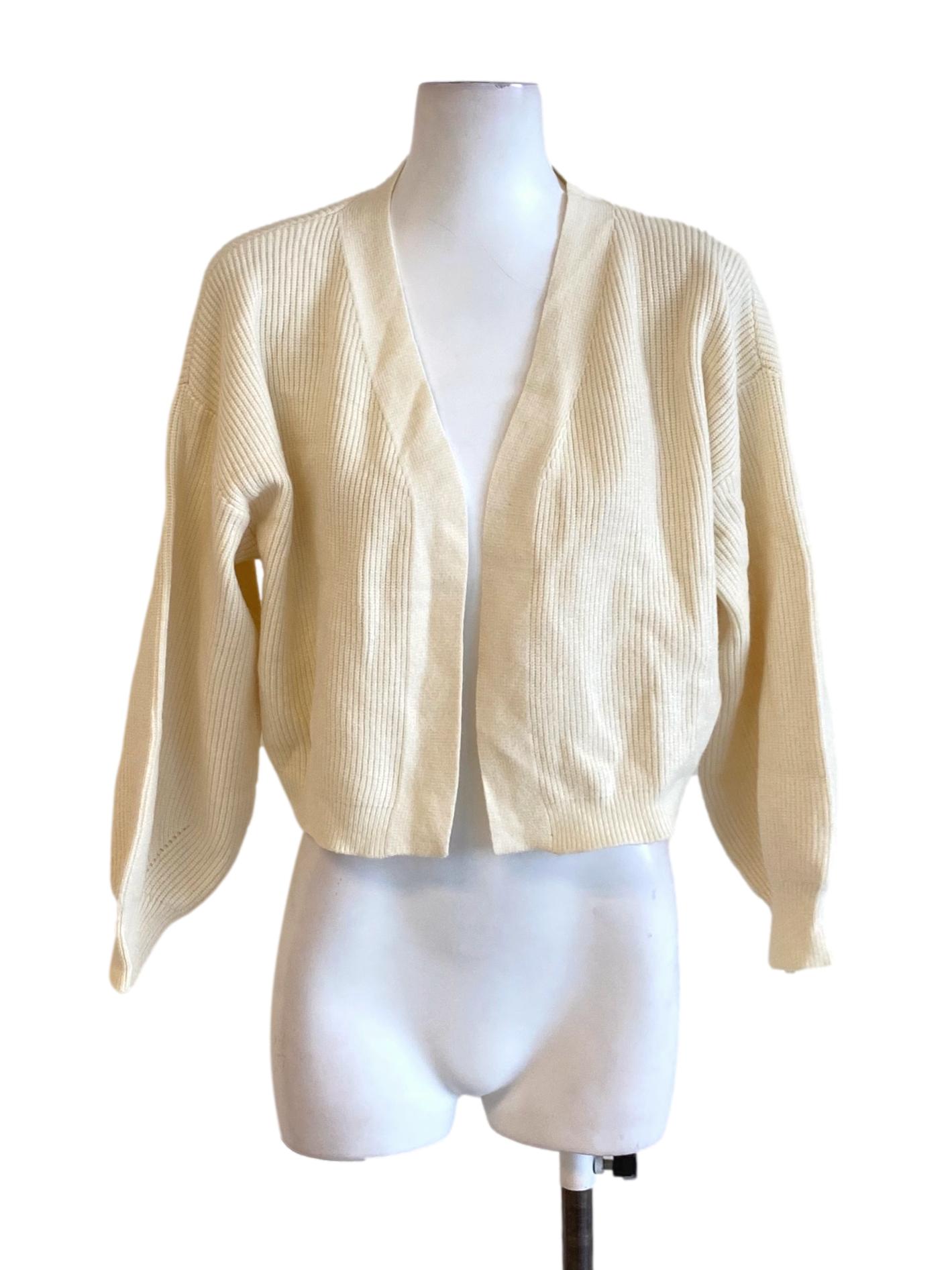 Cream White Knitted Buttonless Long Sleeve Cropped Cardigan TTR