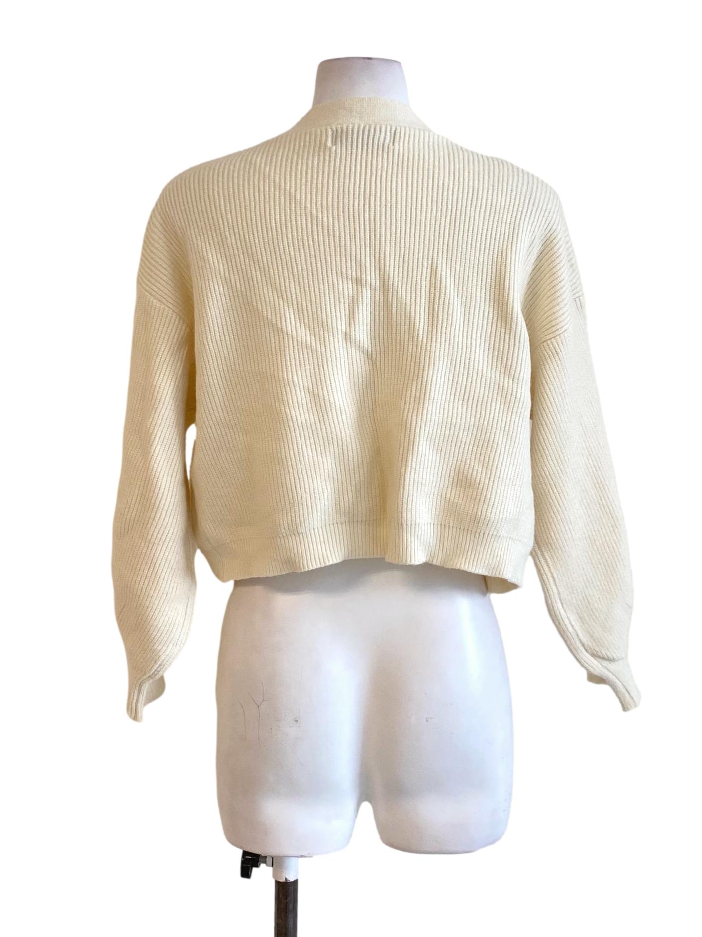 Cream White Knitted Buttonless Long Sleeve Cropped Cardigan TTR