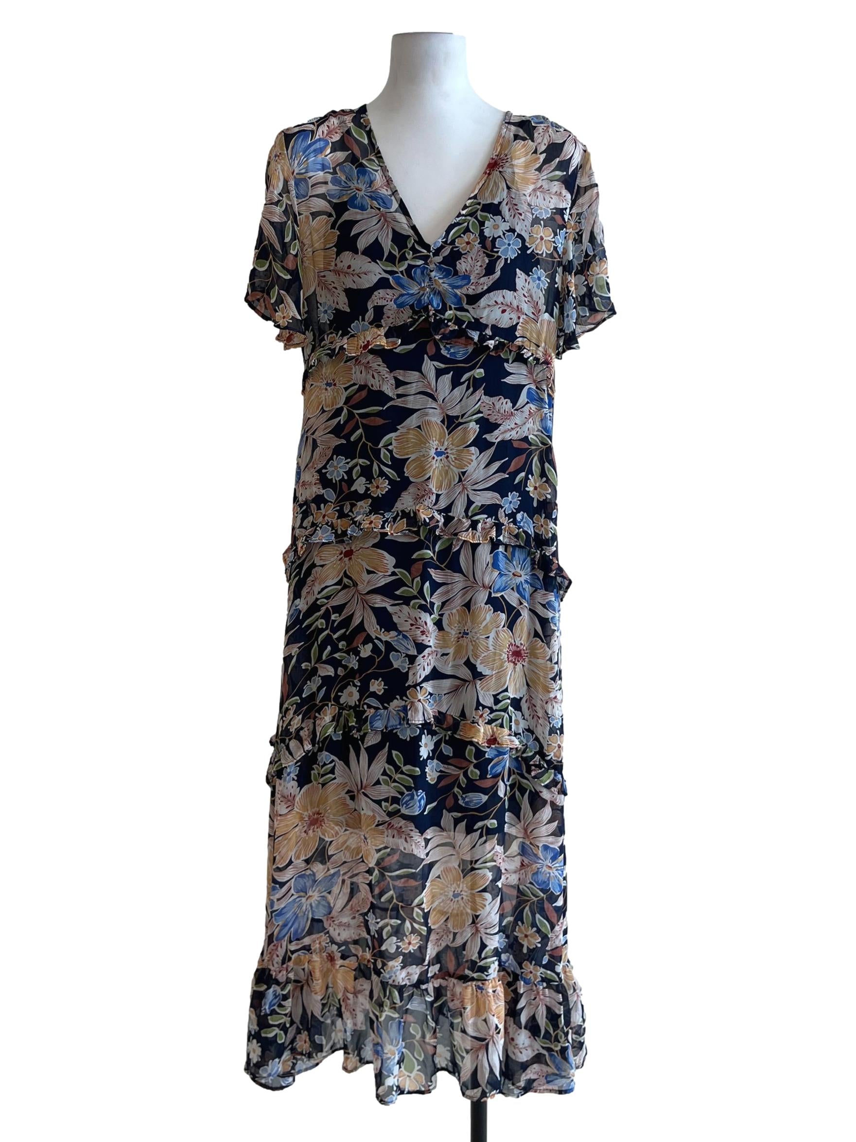 Navy Blue Floral Empire Dress