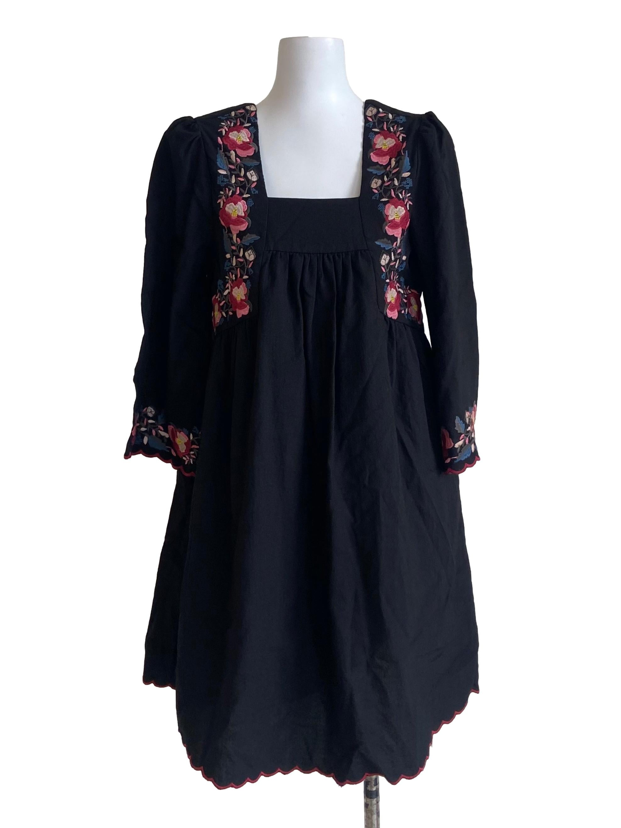 Black Square Neck Floral A-Line Dress