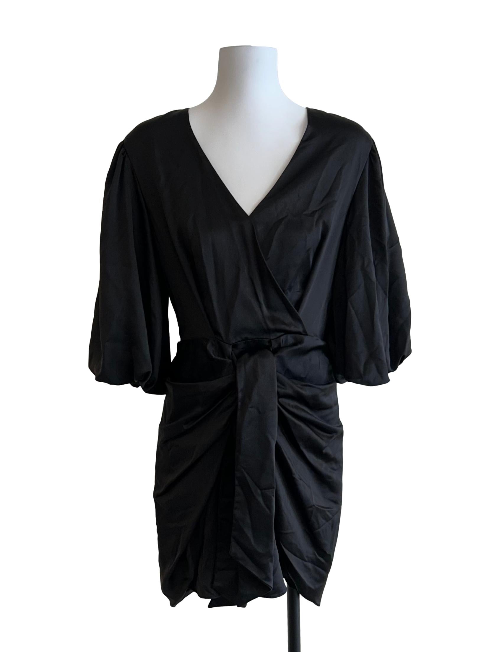 Glossy Black Puff Sleeves Dress