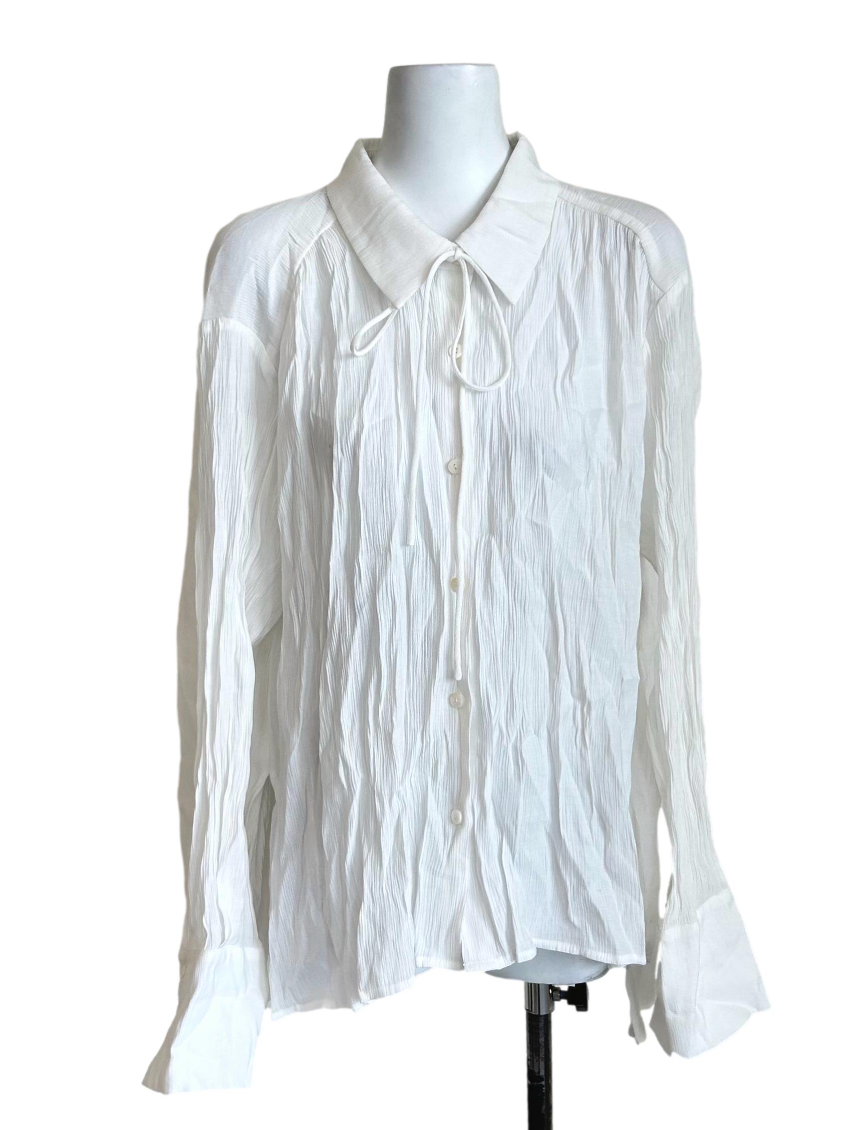 White Crinkle Tie Front Long Sleeve Blouse