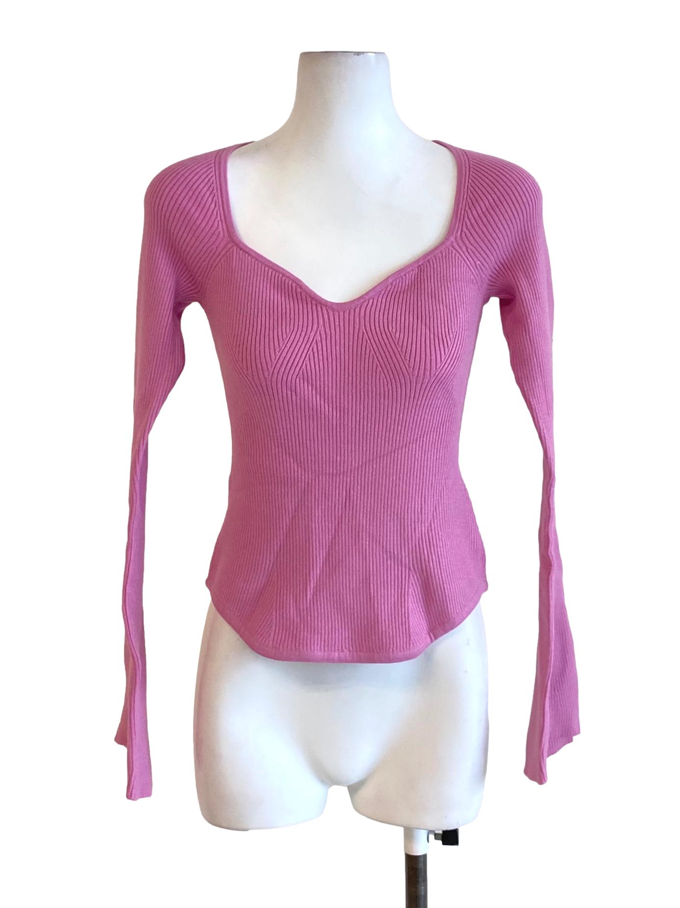 Bubblegum Pink Square Neck Long Sleeve Knitted Shirt LB