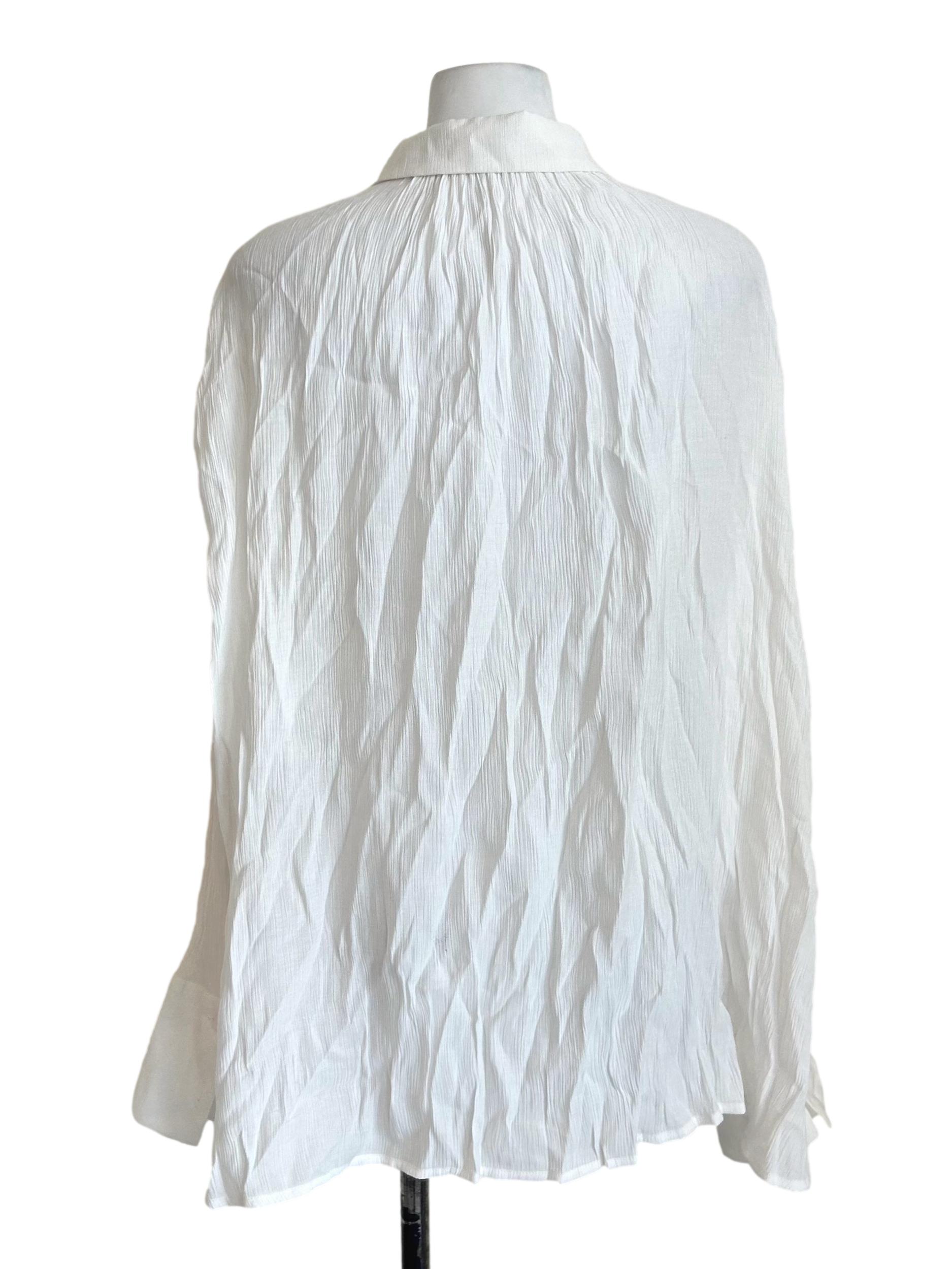 White Crinkle Tie Front Long Sleeve Blouse