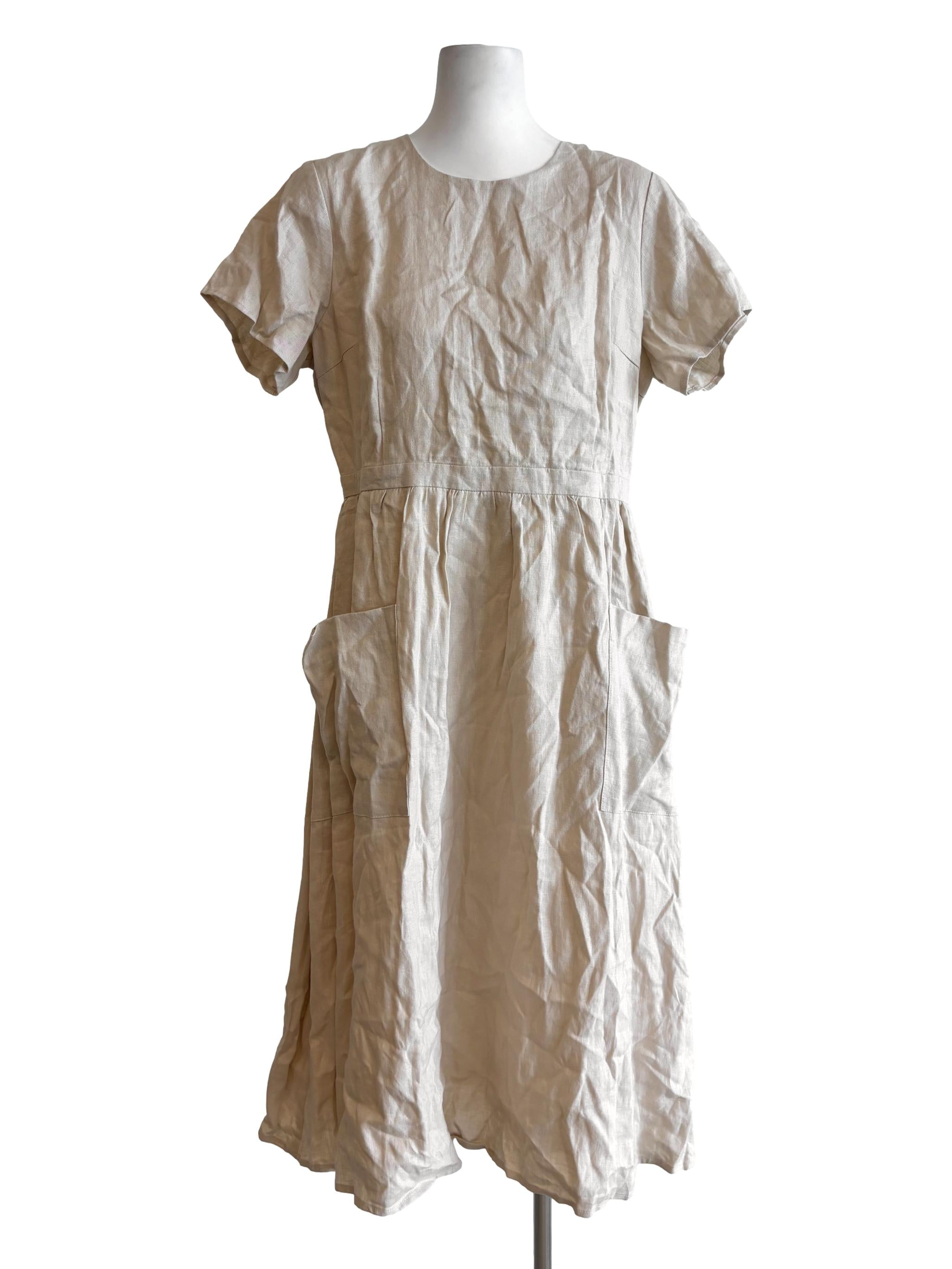 Beige Short Sleeve Linen Dress