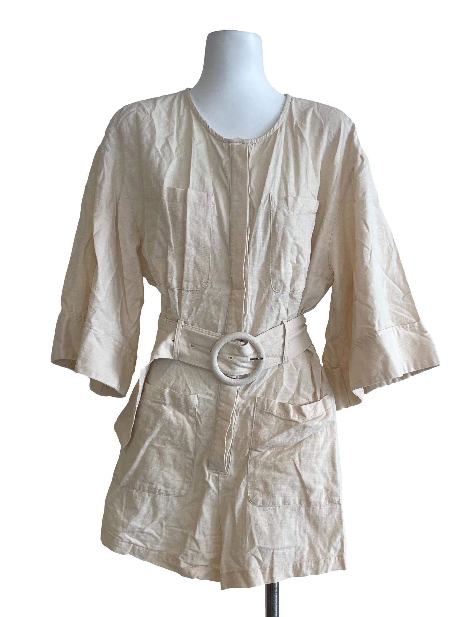 Beige Buttoned Buckled Romper