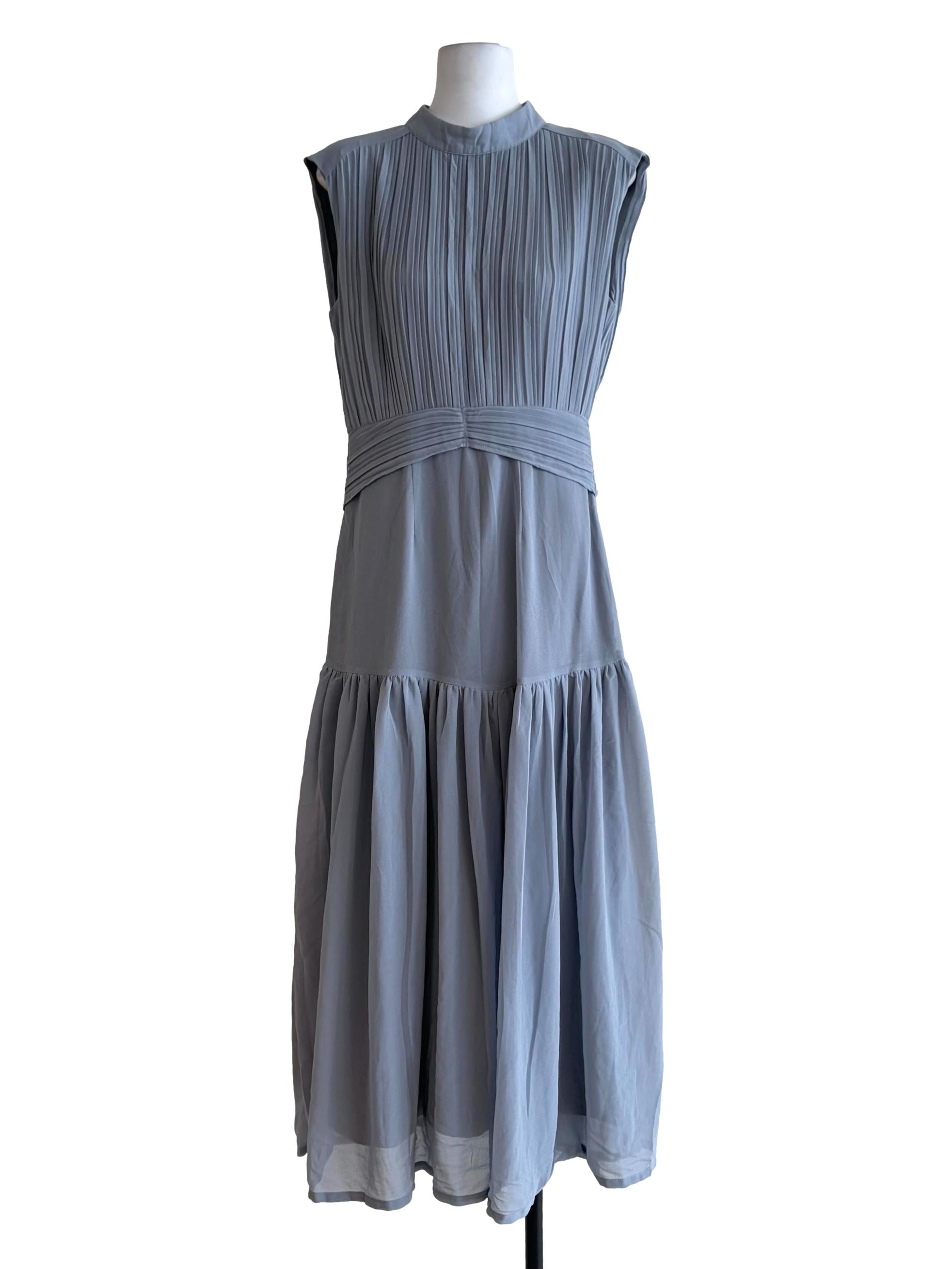 Sapphire Blue Sleeveless High Neck Pleated Dress