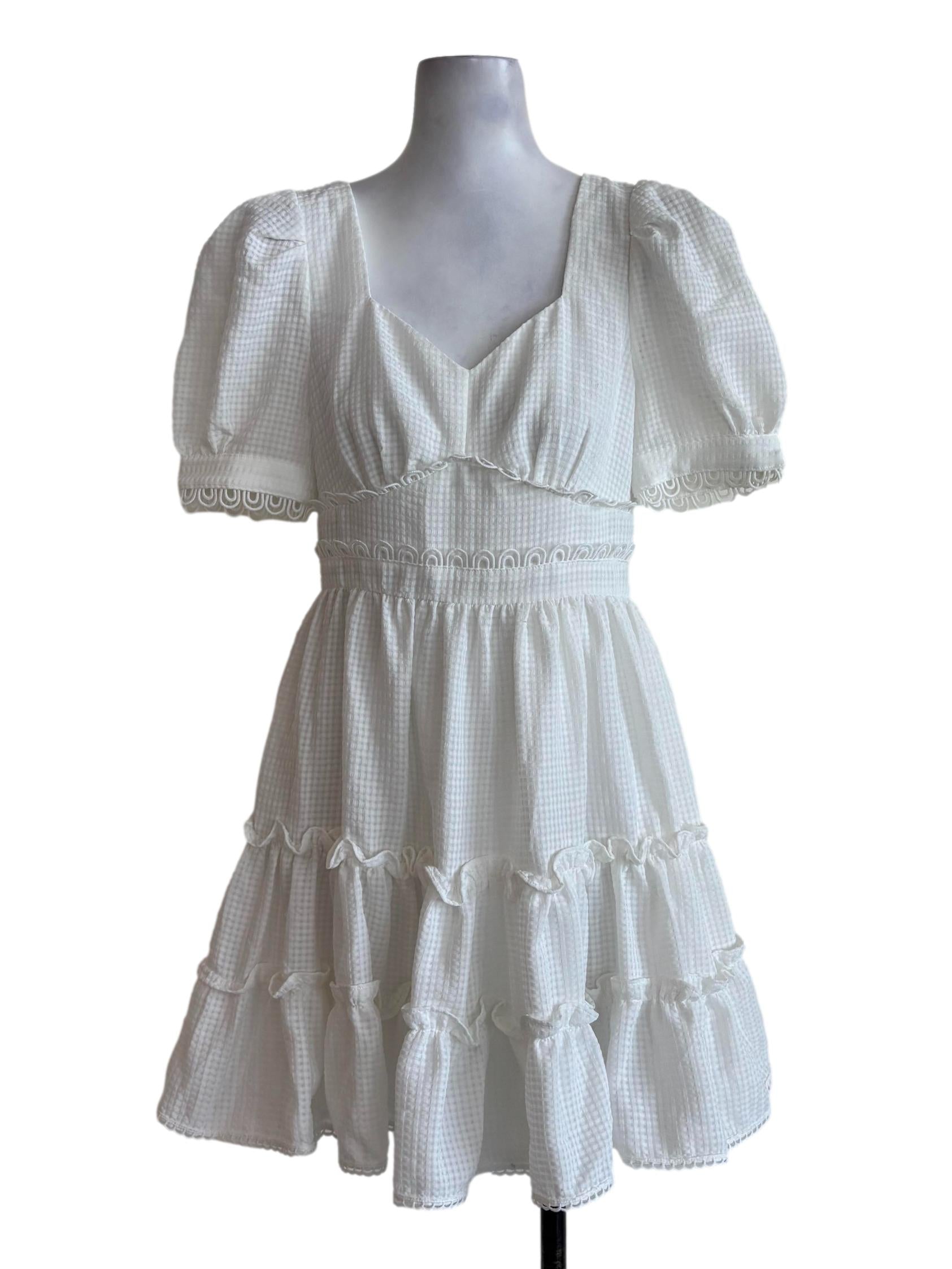 Powder White Textured Ruffle Dress