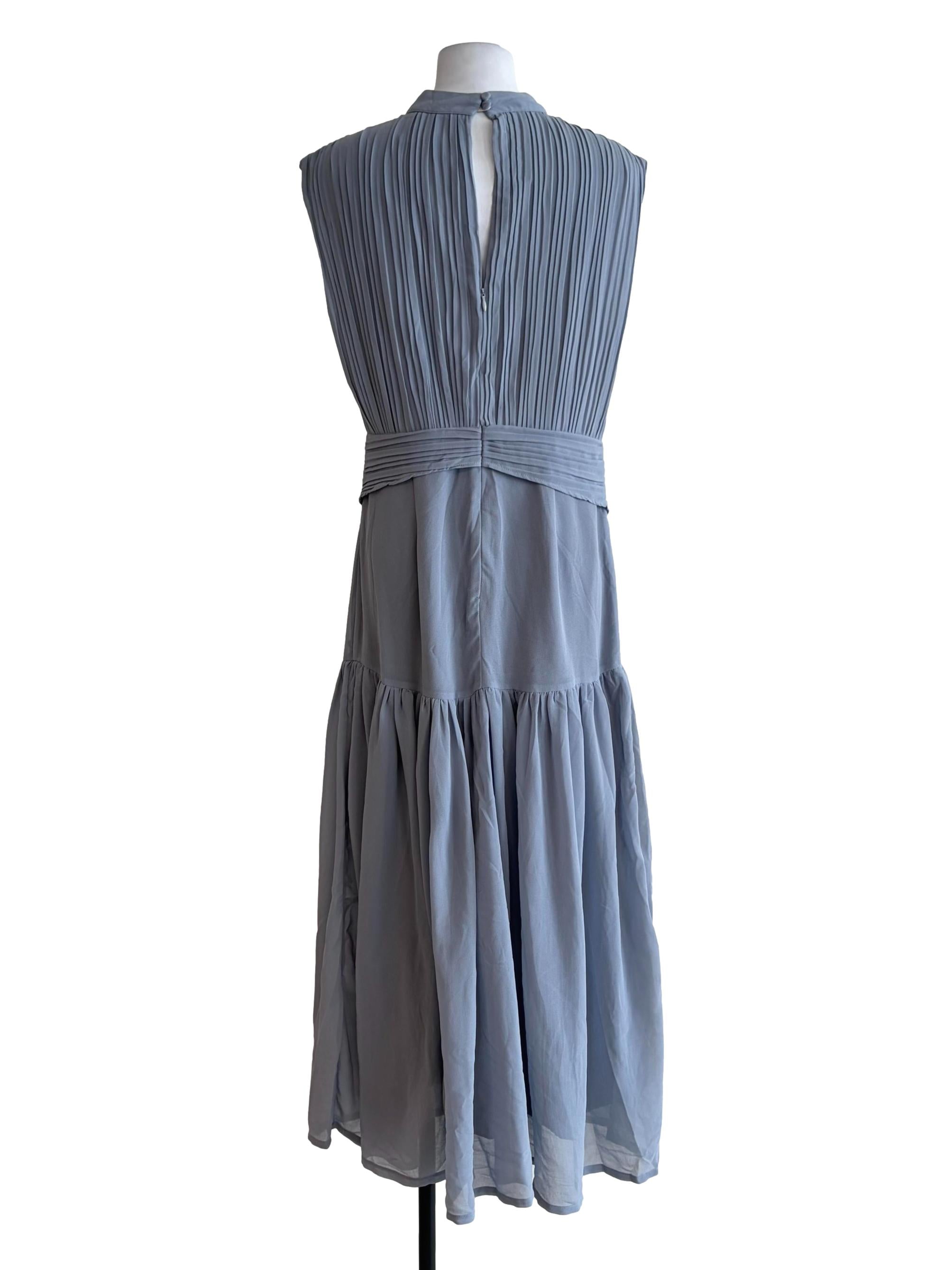 Sapphire Blue Sleeveless High Neck Pleated Dress