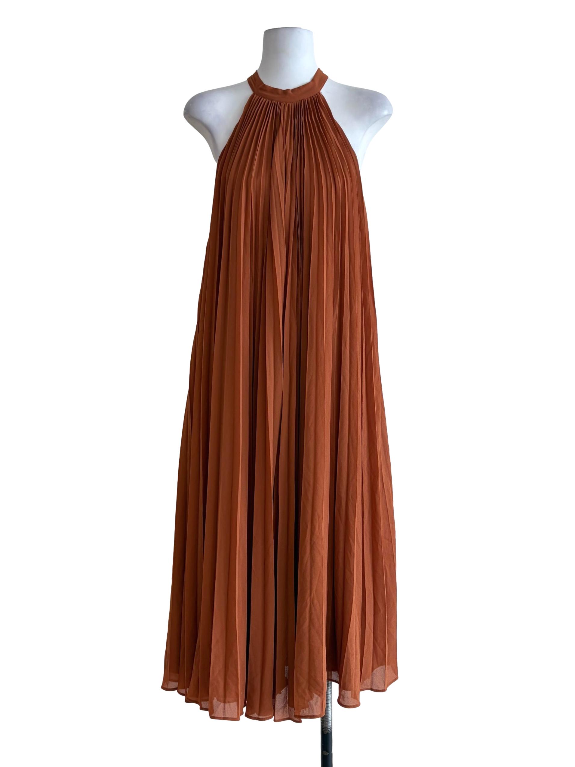 Tawny Brown Sleeveless Halter Neck Pleated Dress