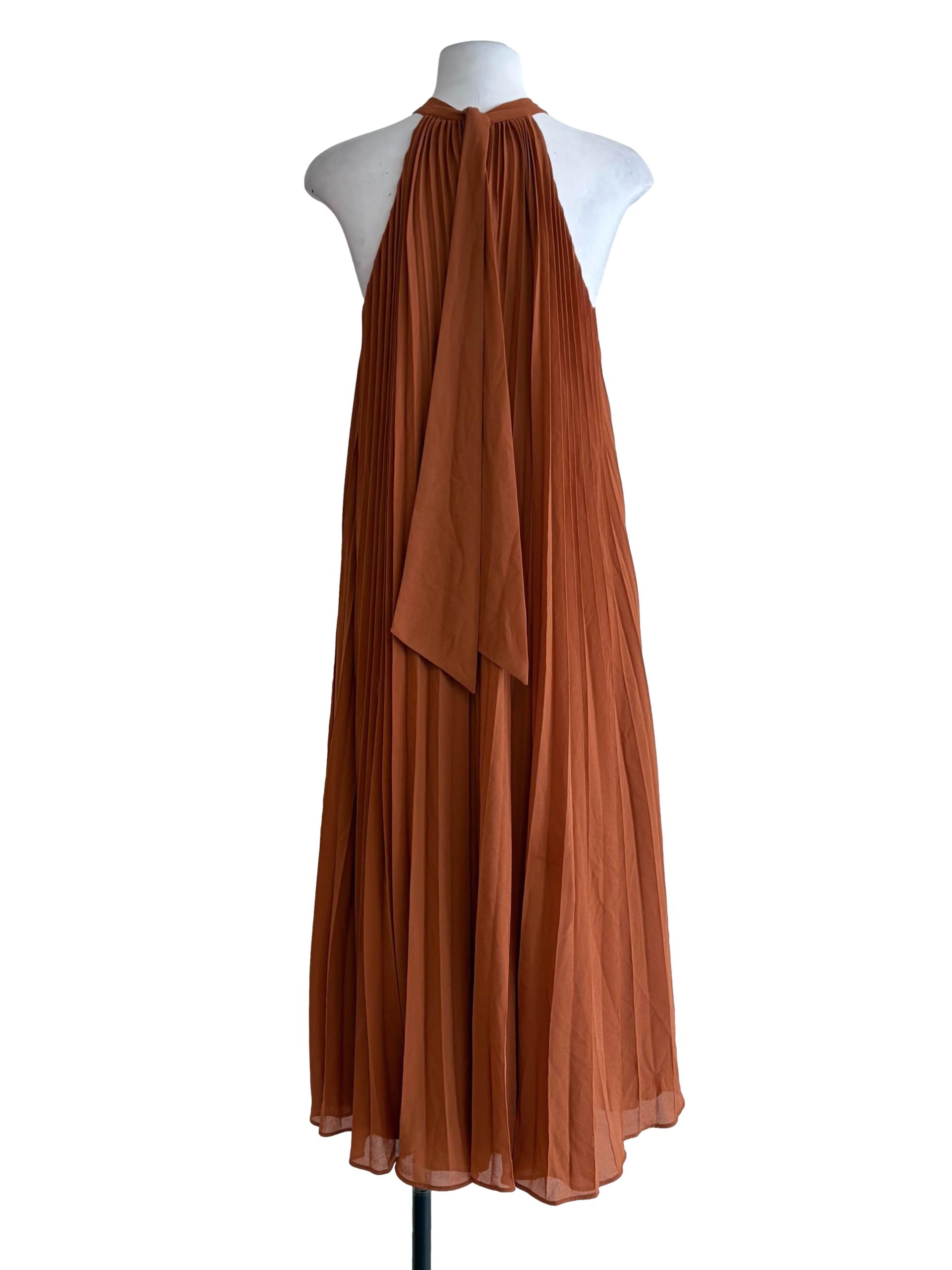 Tawny Brown Sleeveless Halter Neck Pleated Dress