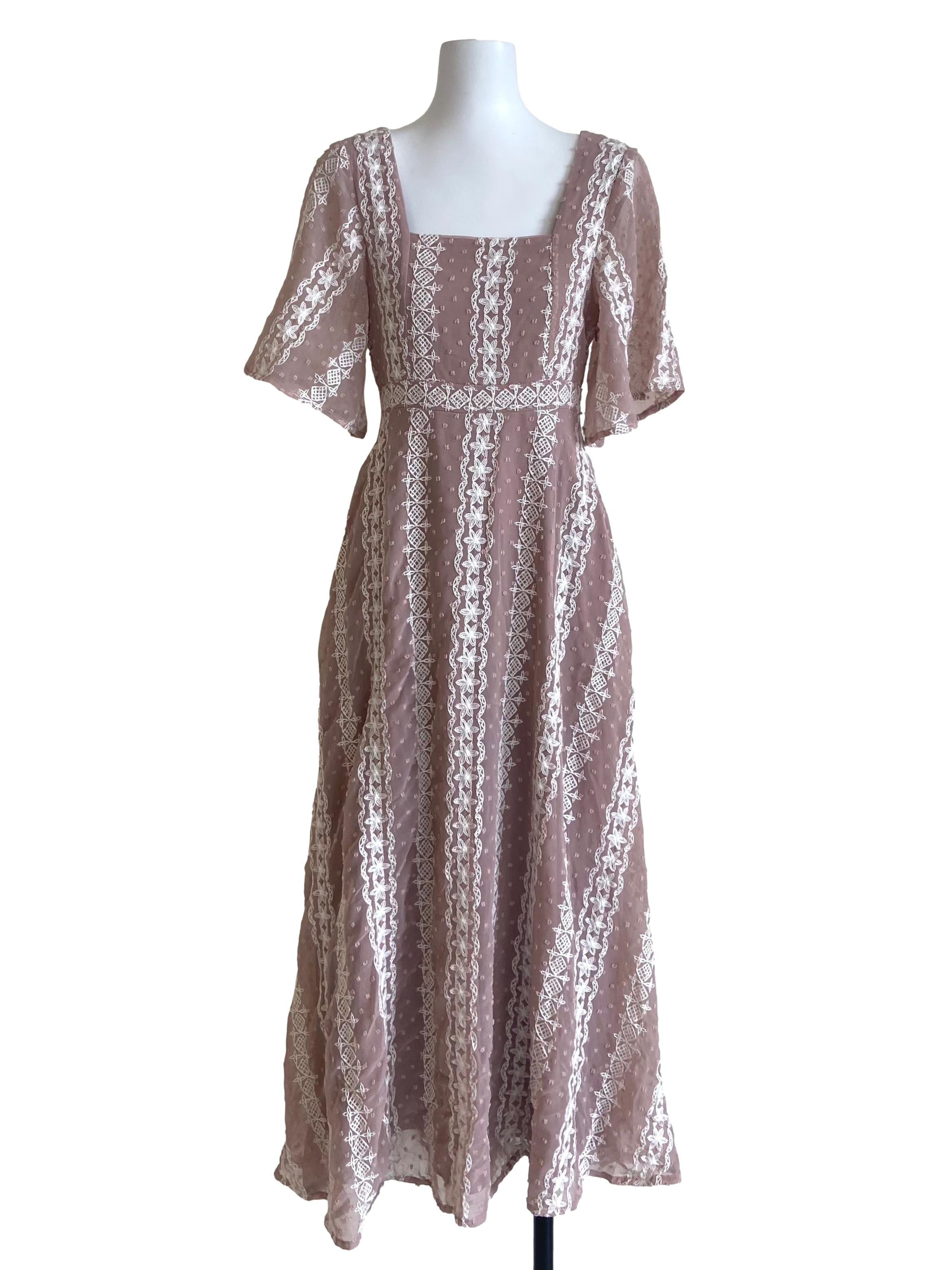 Crepe Pink Floral Lace Circular-Cap Sleeve Empire Dress