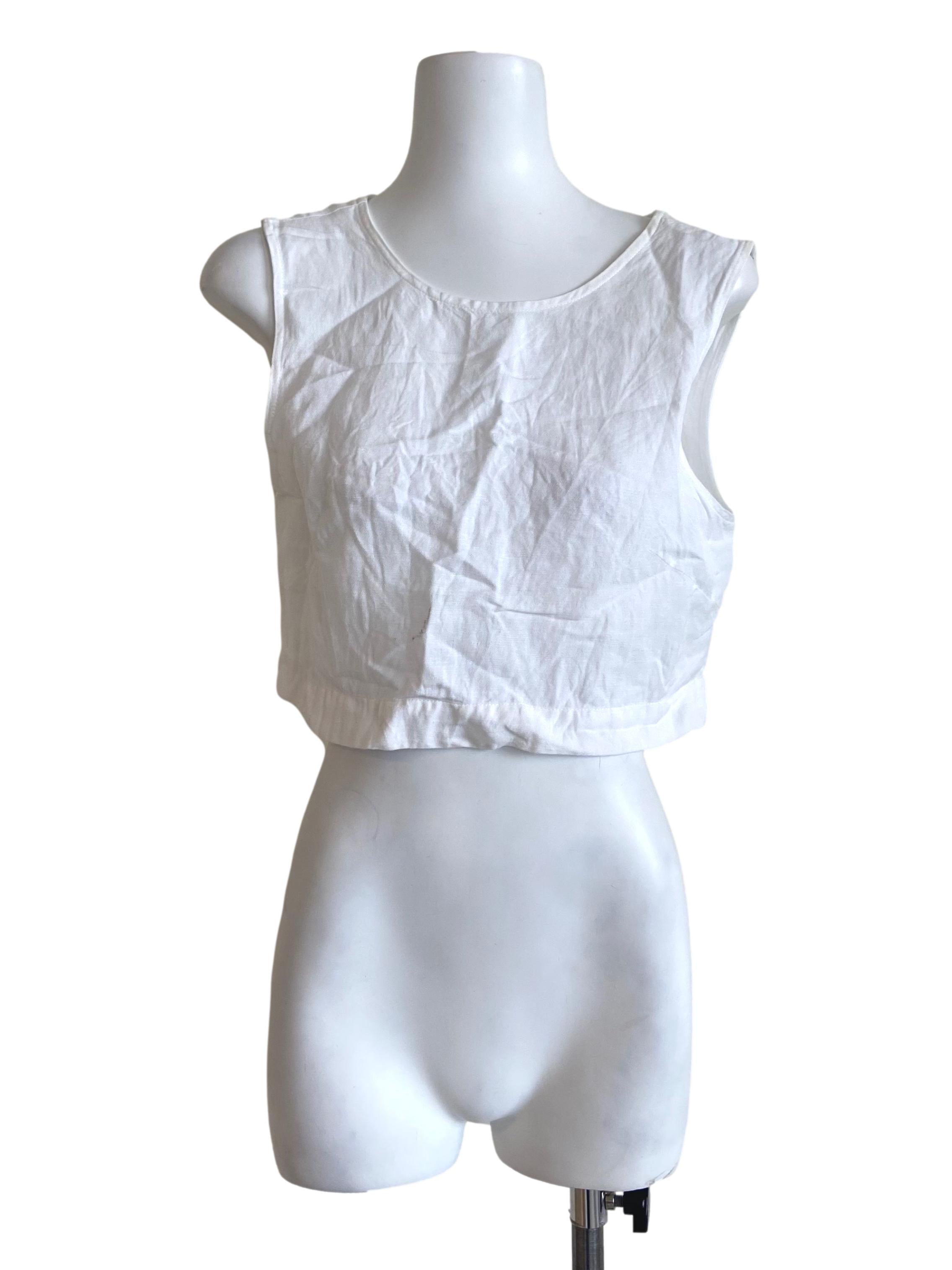 White Sleeveless Twill Crop Blouse