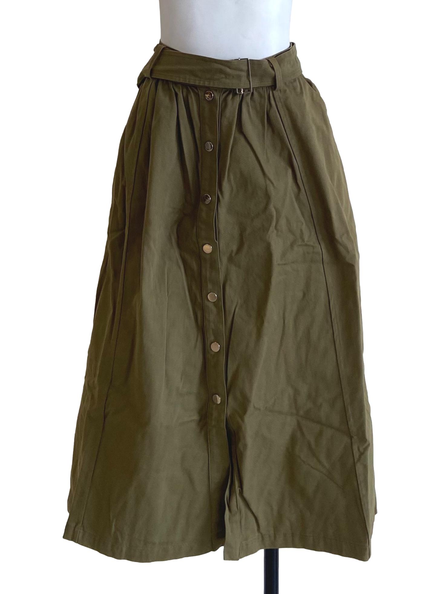 Crocodile Green Button Down A-Line Herringbone Skirt