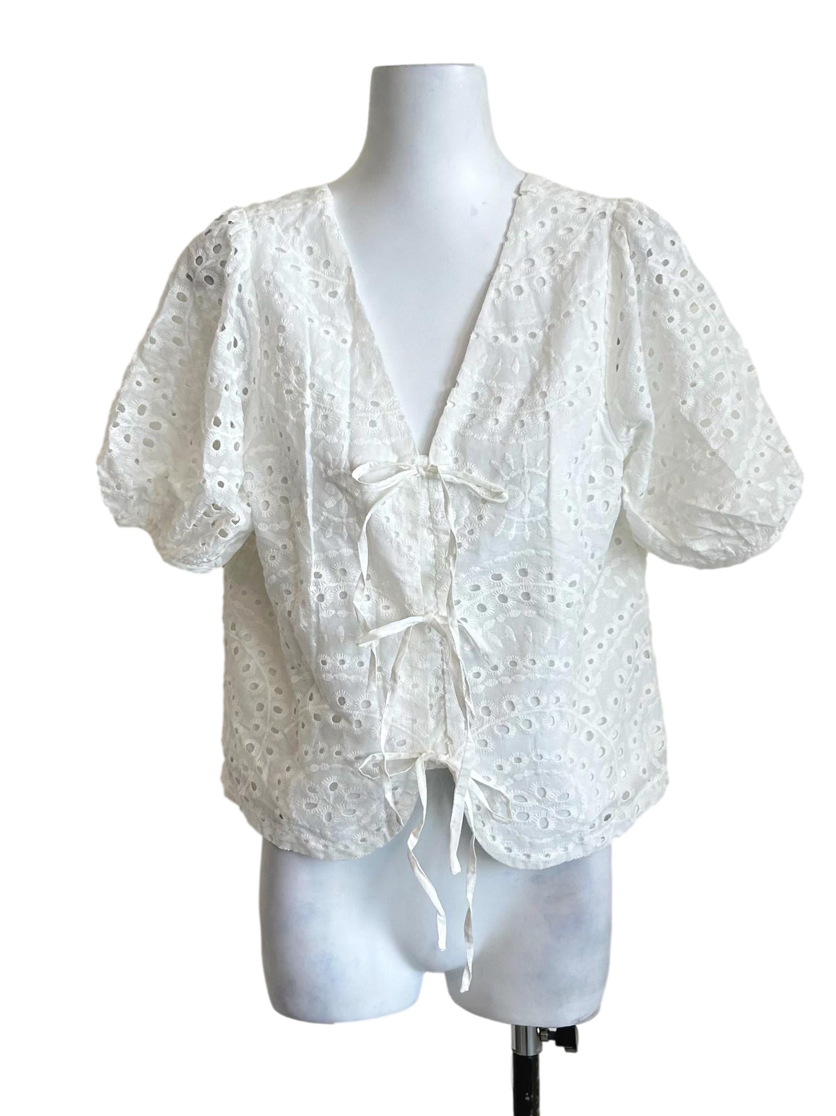 White Eyelet Lace Tie Front Blouse