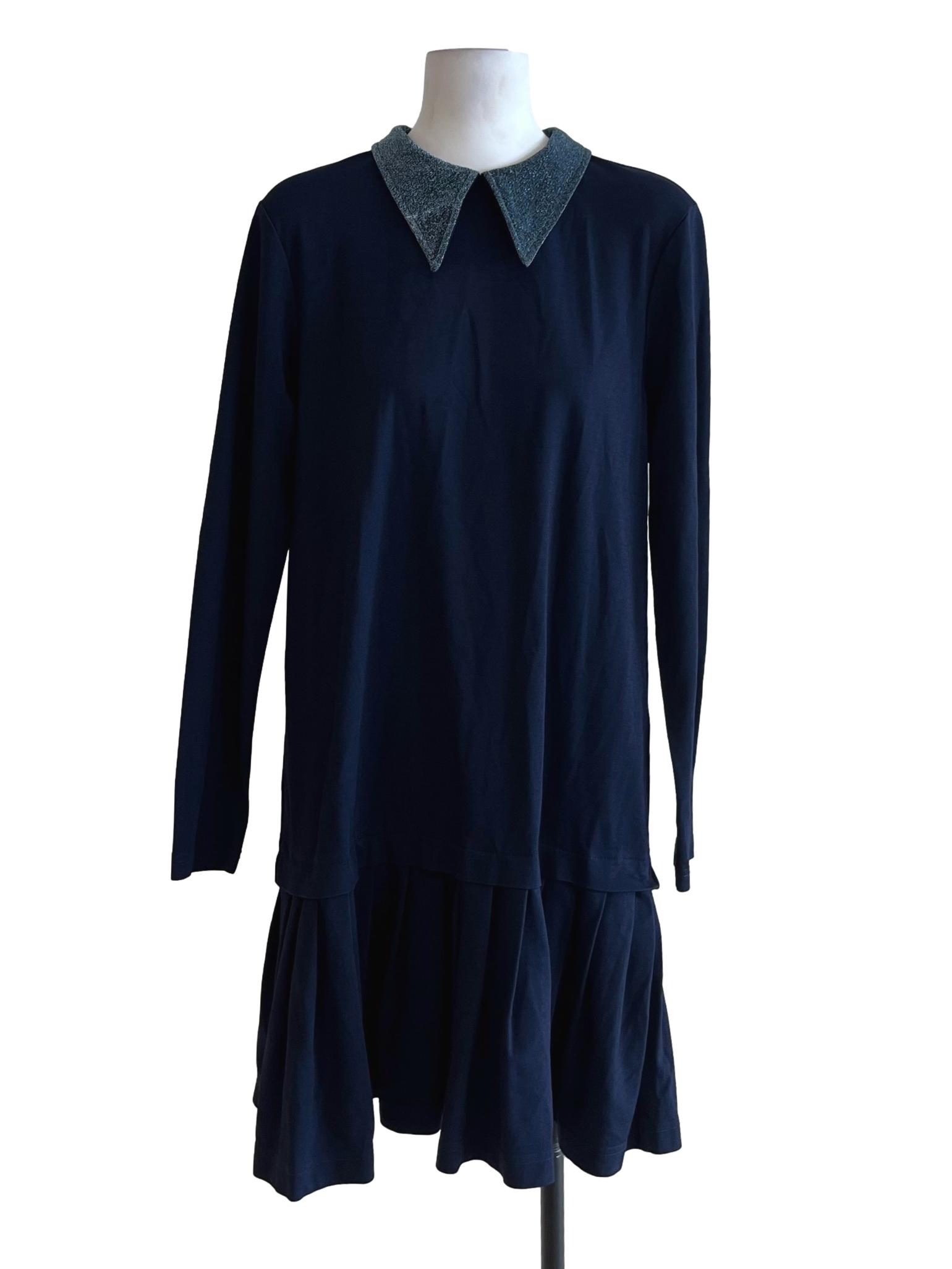 Navy Blue Wing Collar Long Sleeve Dress