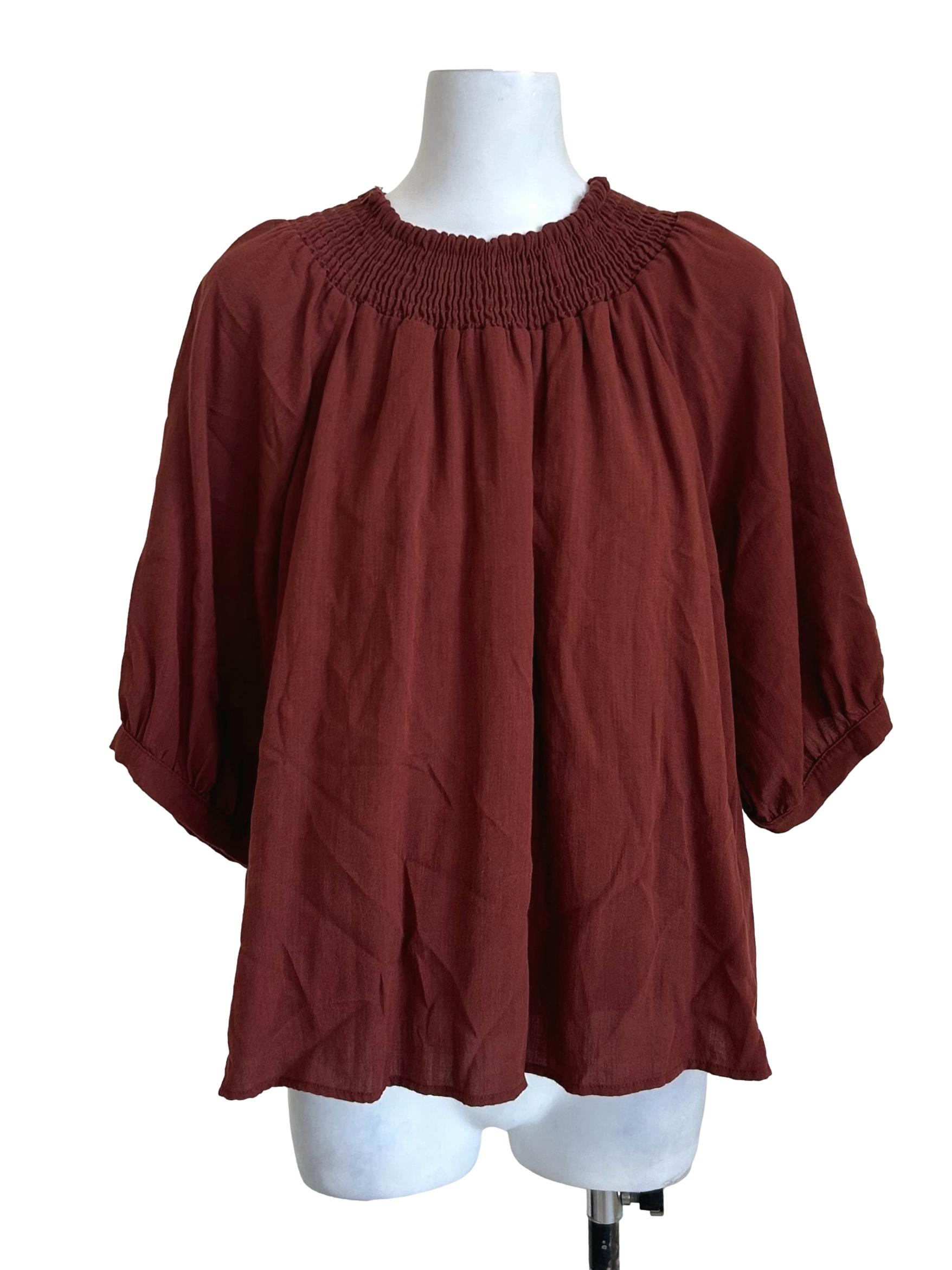 Rust Smocked Neck Balloon Sleeve Top