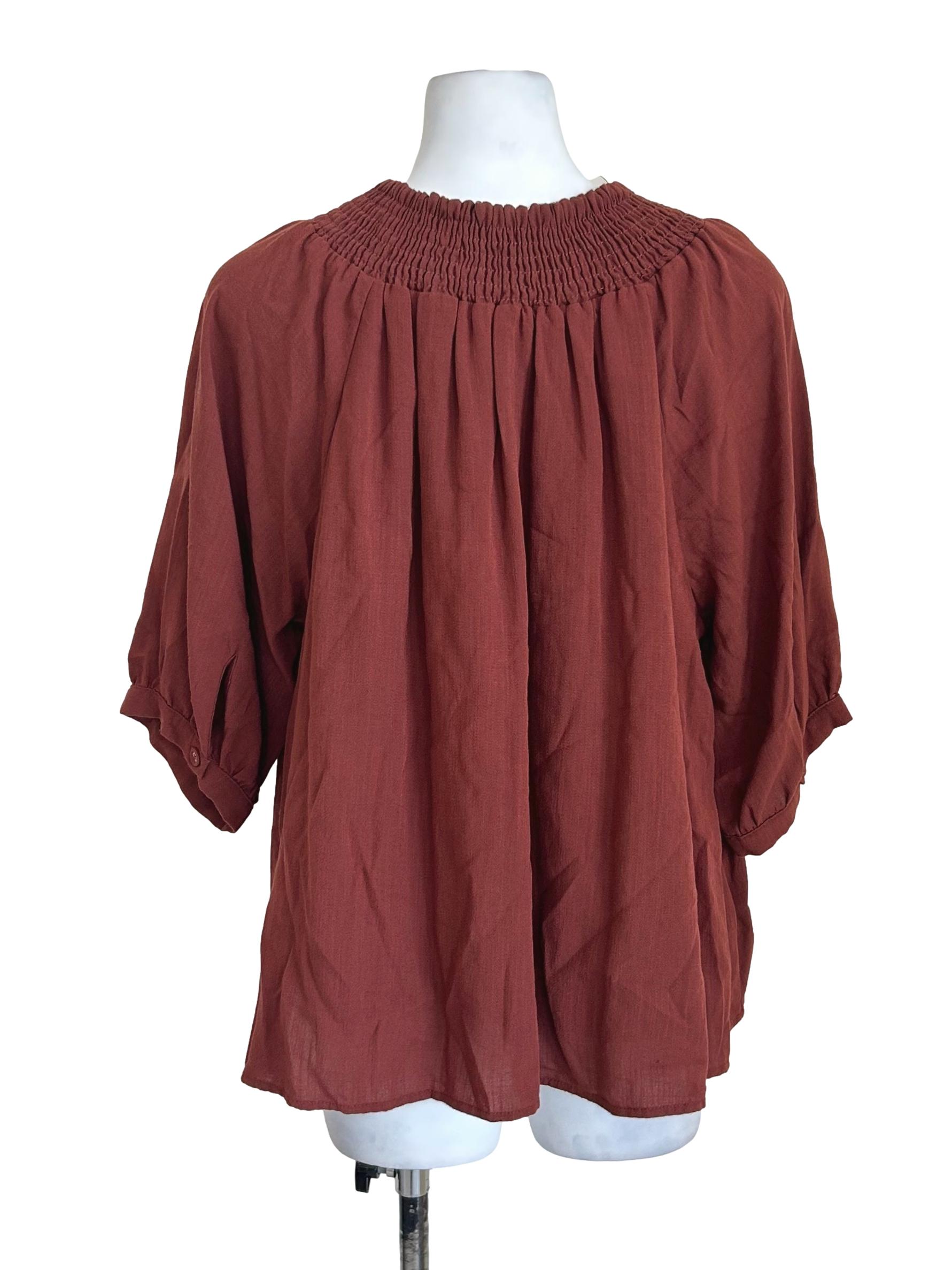Rust Smocked Neck Balloon Sleeve Top