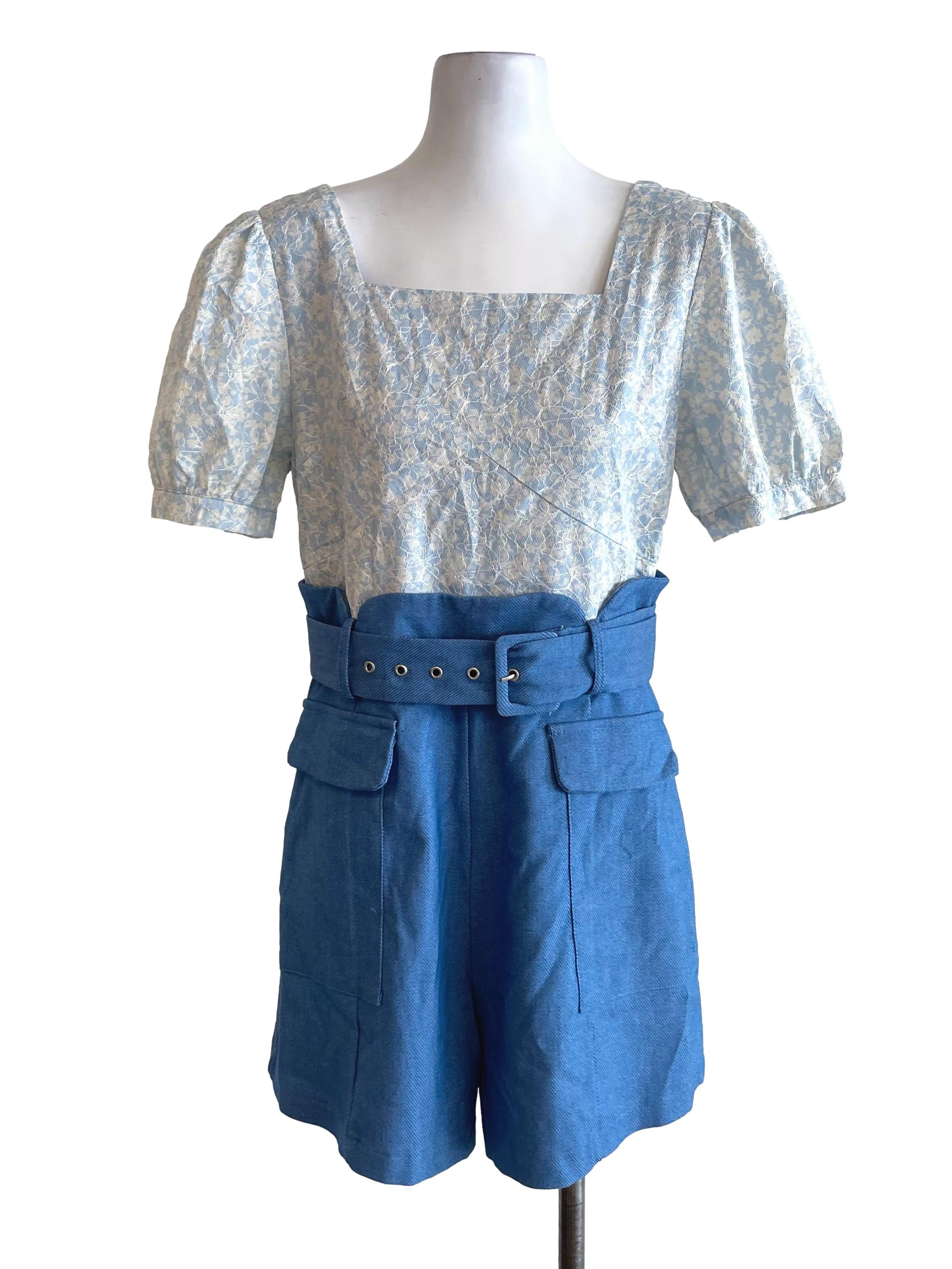 Blue Juliet Sleeves Floral Romper