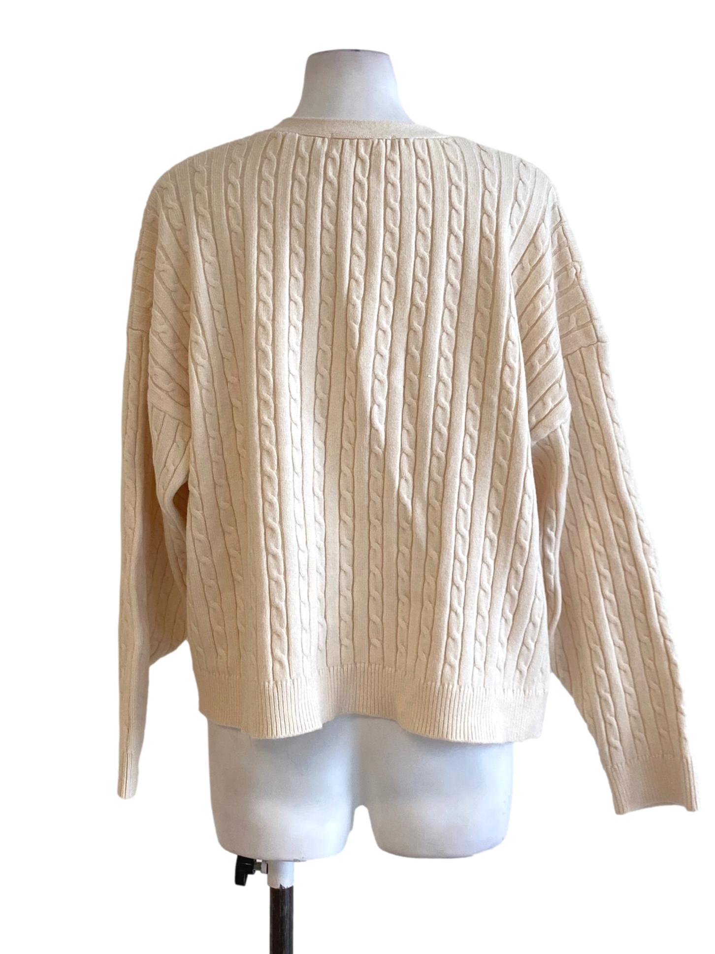Cream White V-Neck Buttoned Down Long Sleeve Knitted Cardigan