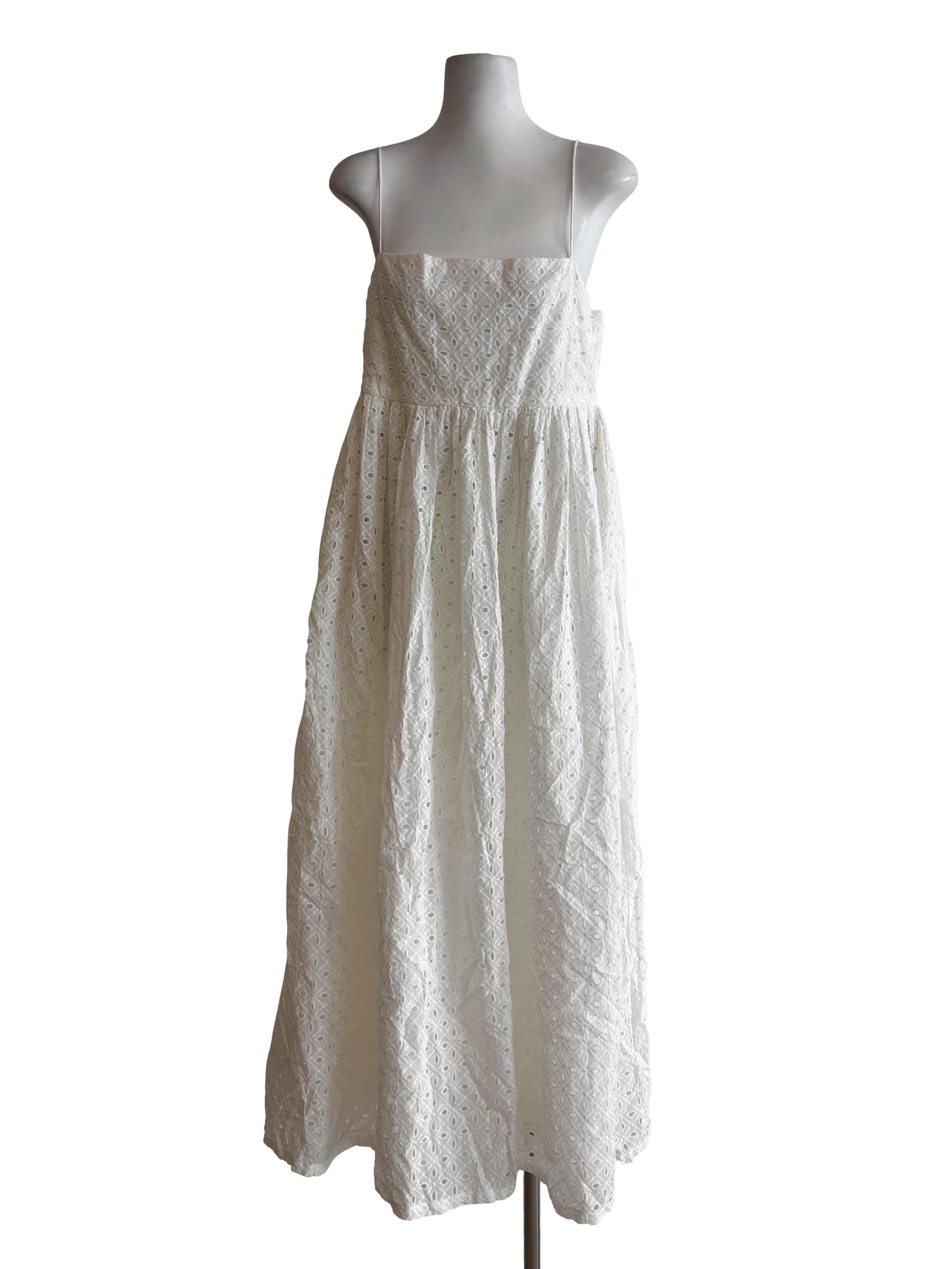 Pearl White Spaghetti Strap Cotton Embroidered Dress LB
