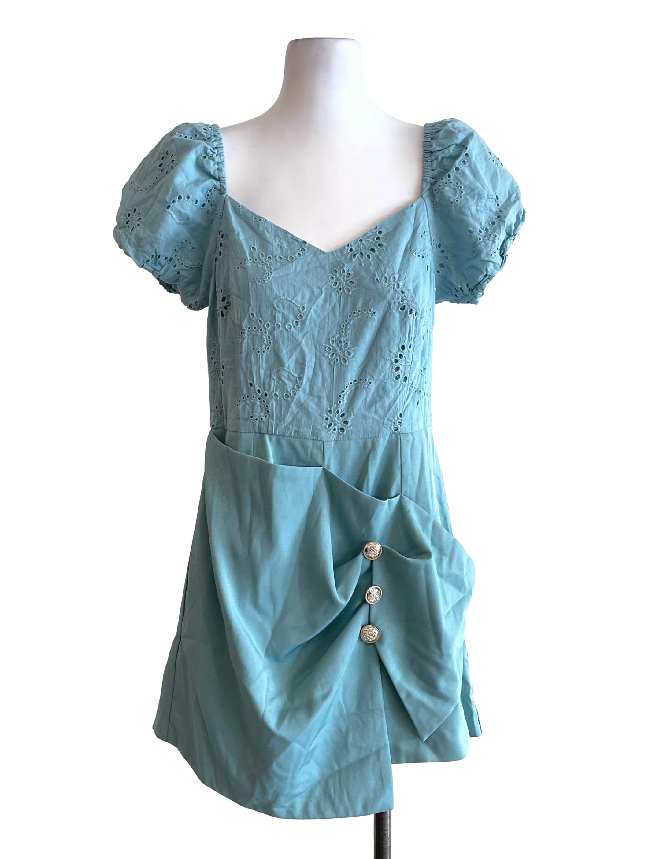Teal Puff Sleeves Draped Romper