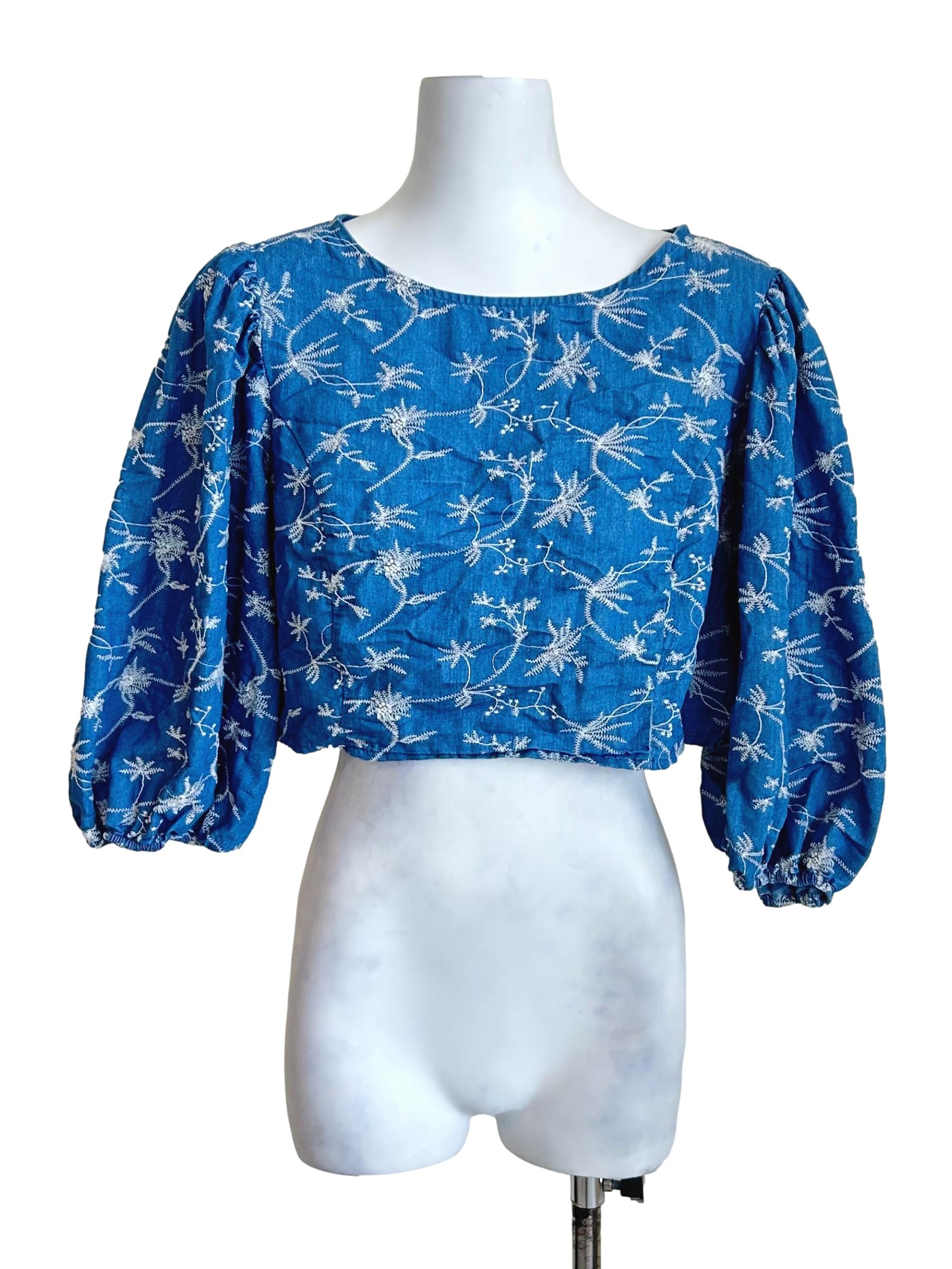 Blue White Floral Embroidered Crop