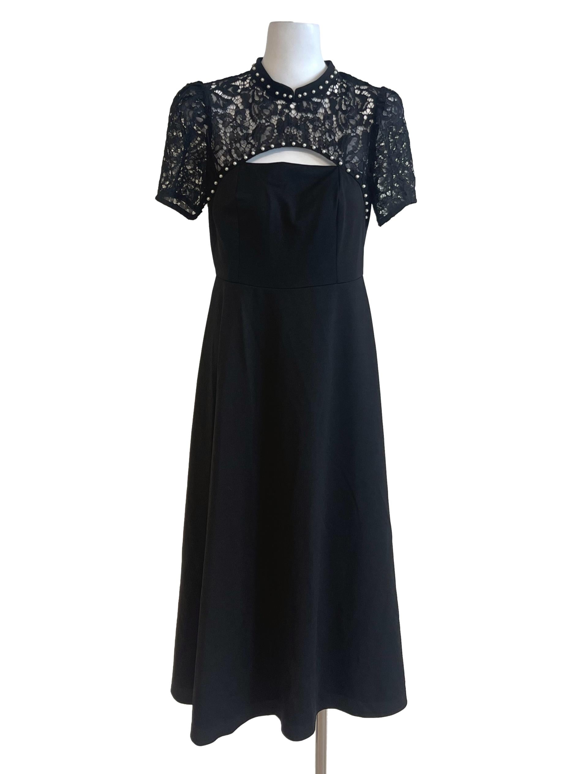 Black Lace High Neck Puffed Sleeve Dress
