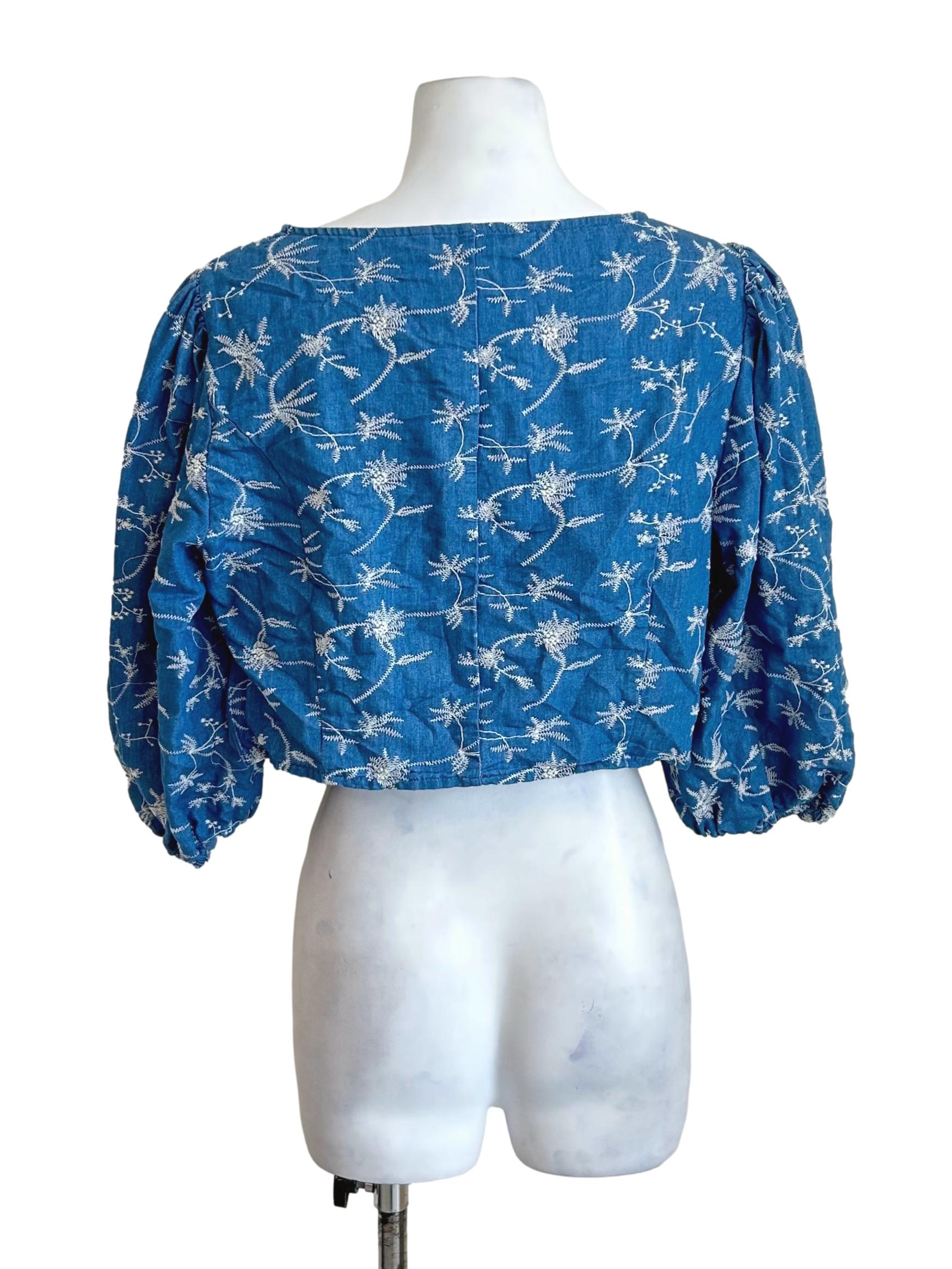 Blue White Floral Embroidered Crop