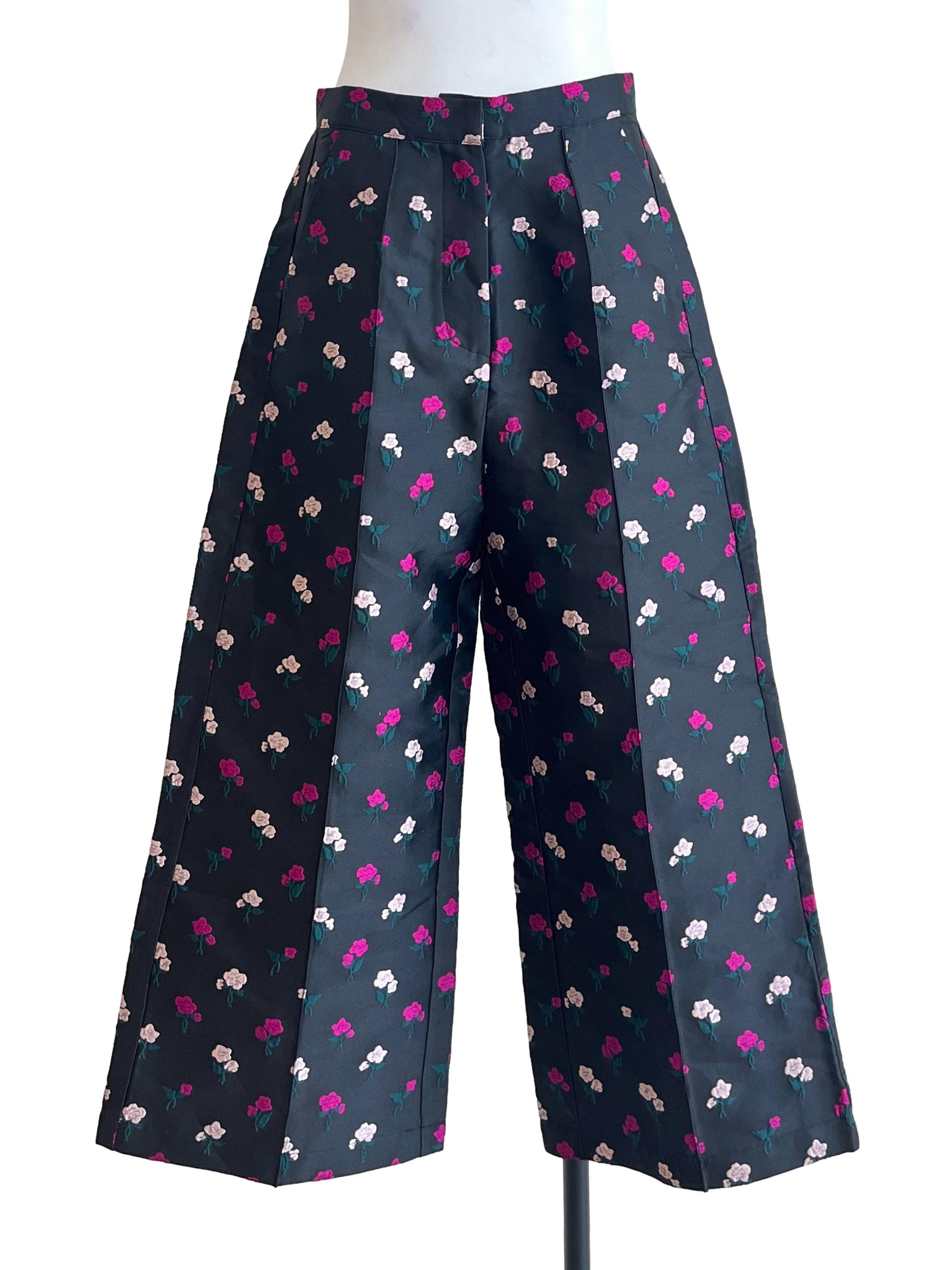 Jet Black Rose Embroidered Wide Leg Pants