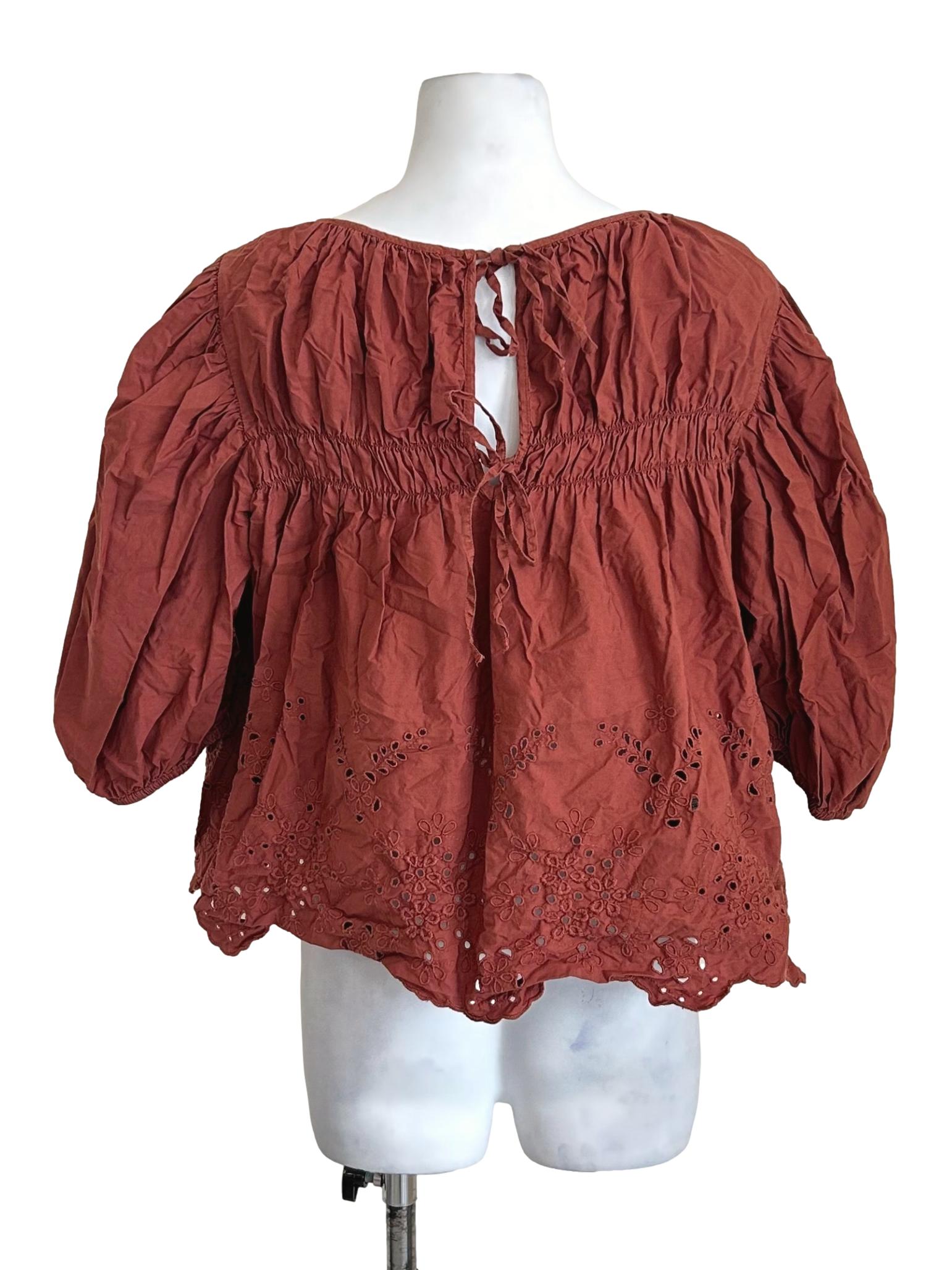 Terracotta Eyelet Smocked Peplum Blouse