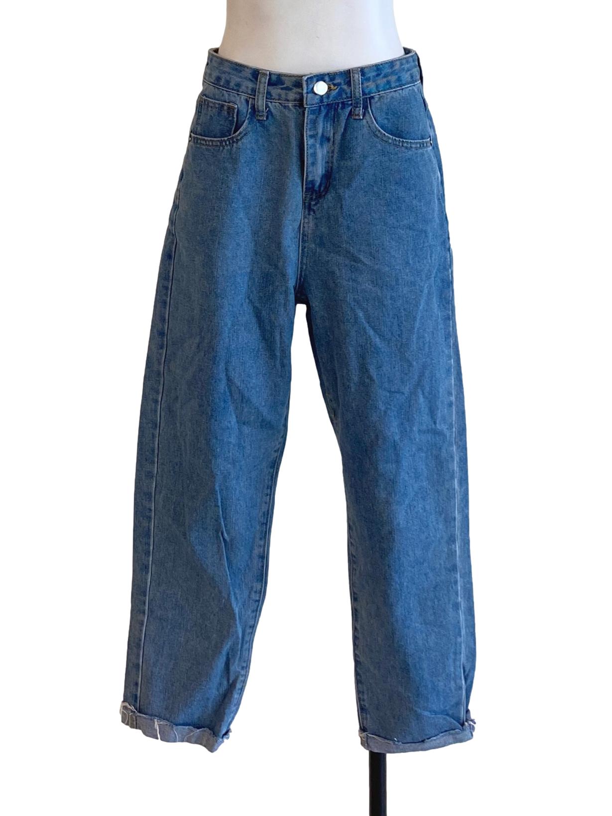 Denim Blue Buttoned Waist Cuffed Hem Straight Jeans TTR