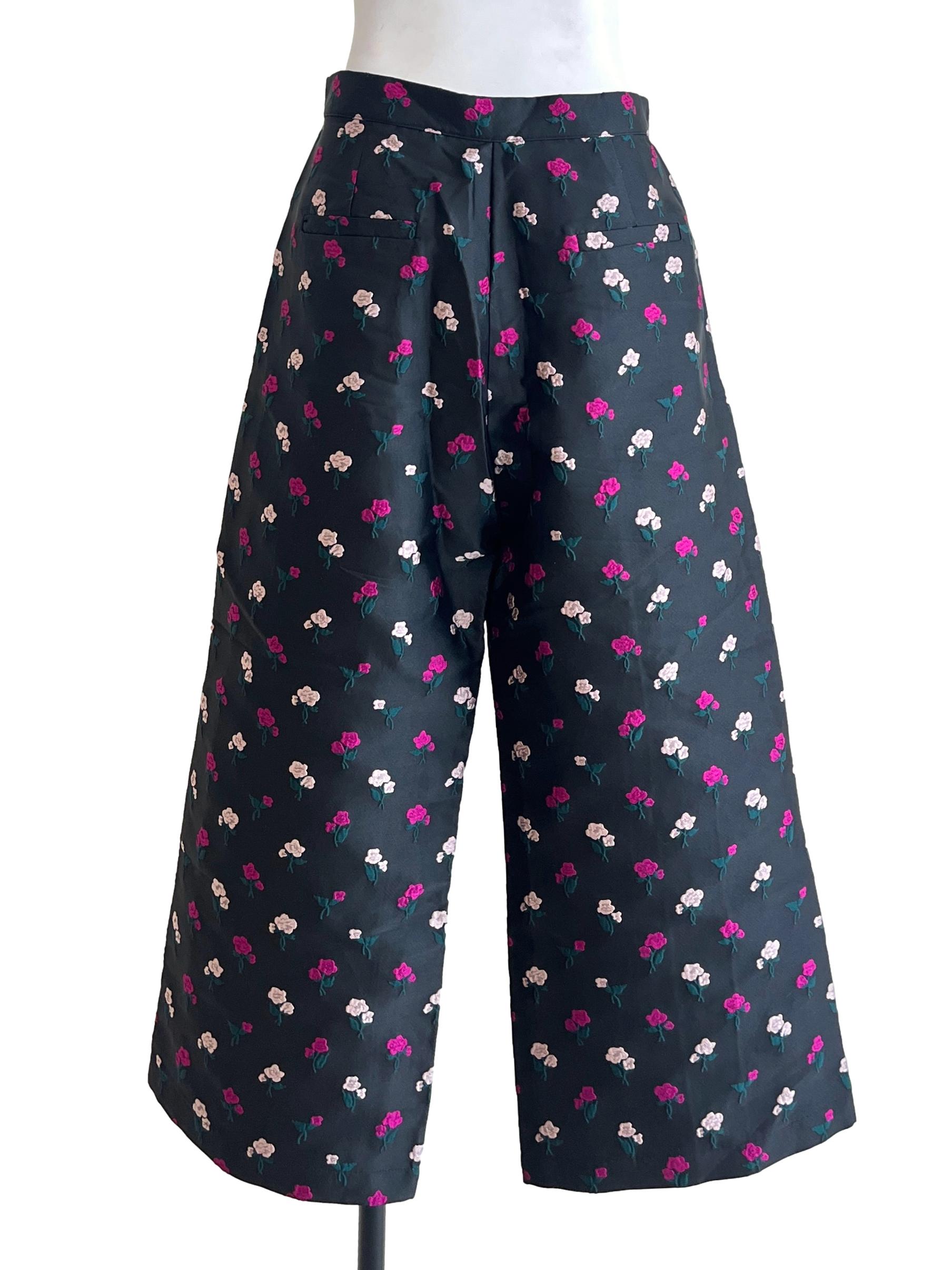 Jet Black Rose Embroidered Wide Leg Pants