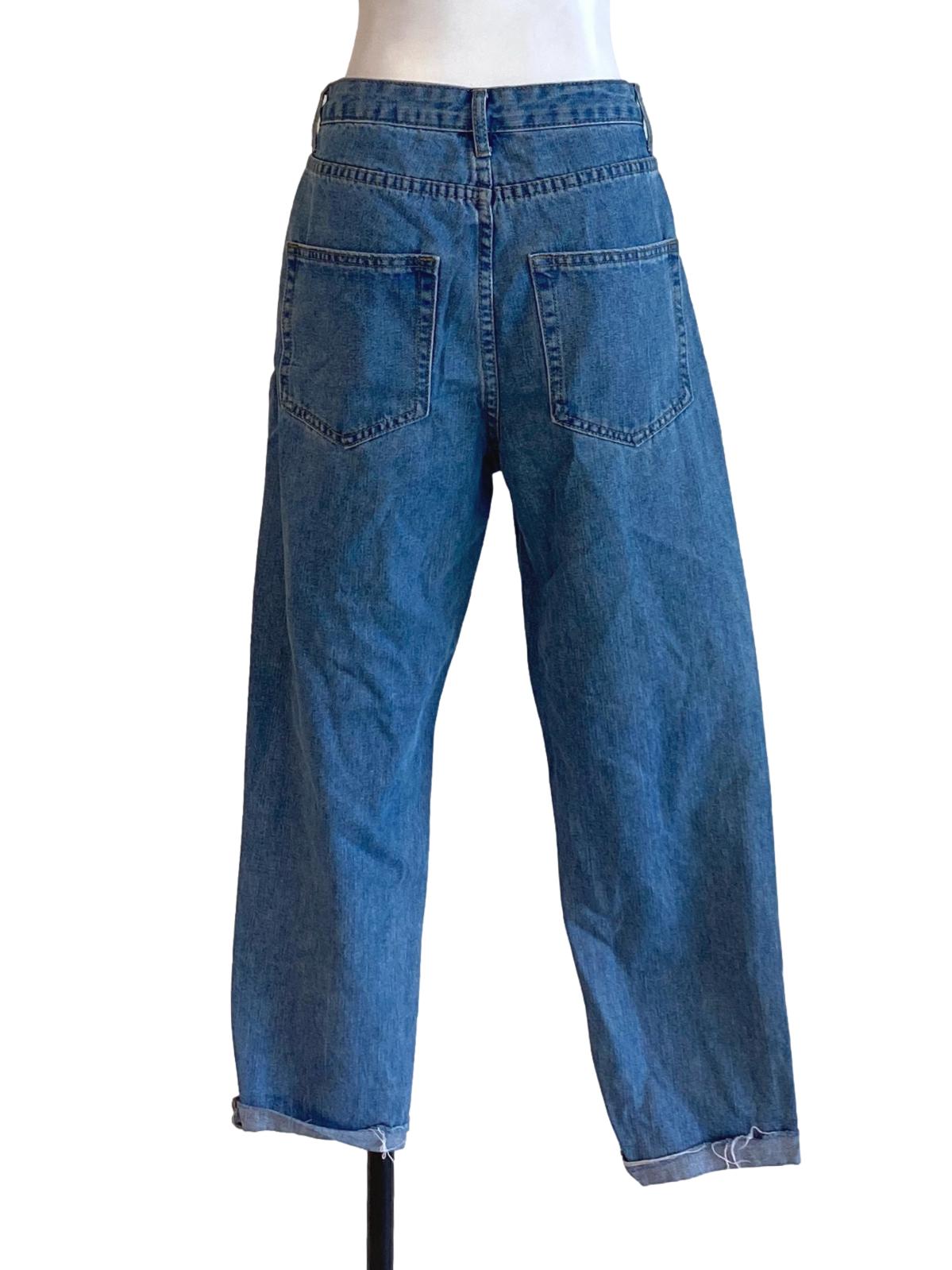 Denim Blue Buttoned Waist Cuffed Hem Straight Jeans TTR