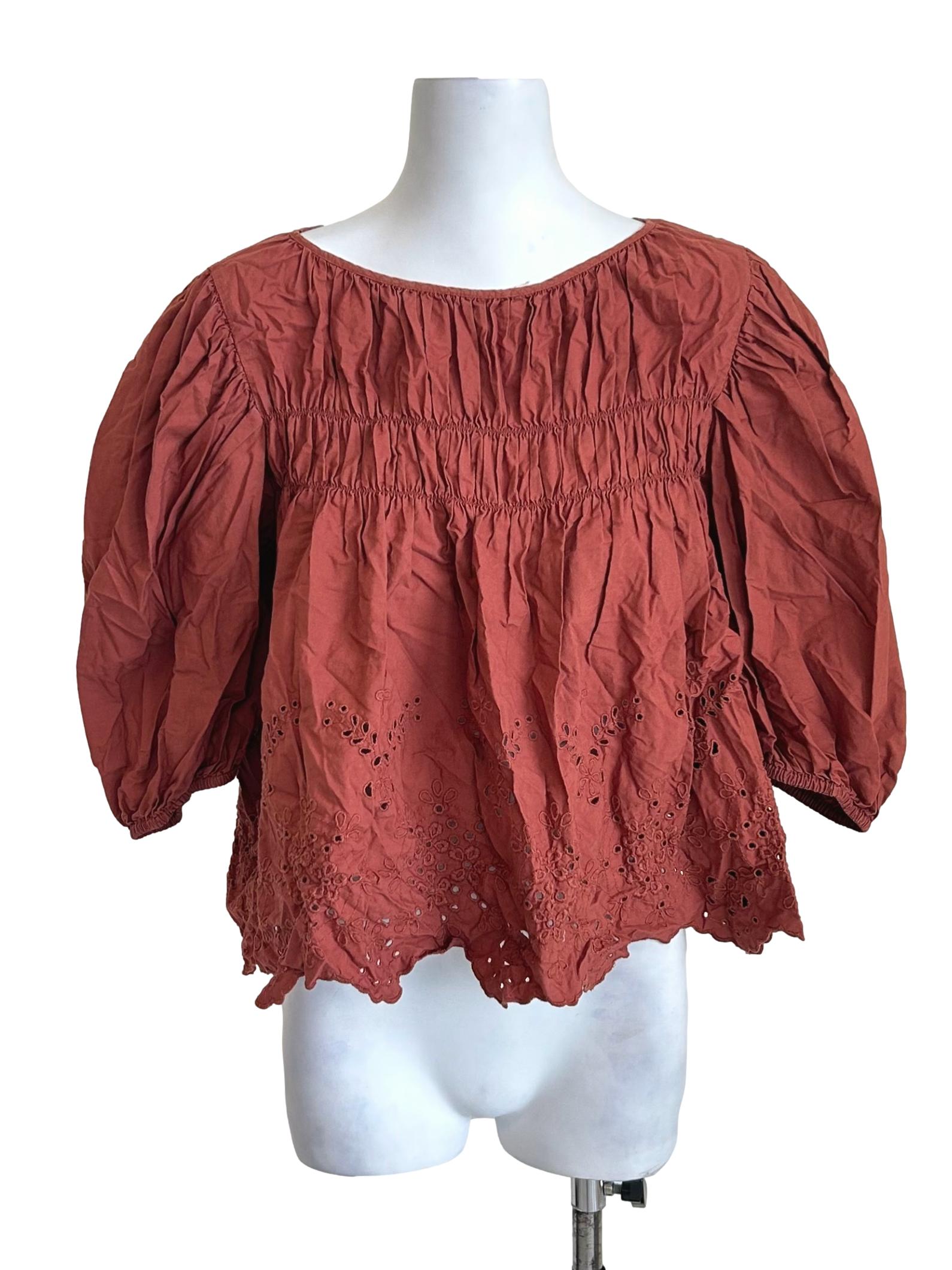 Terracotta Eyelet Smocked Peplum Blouse