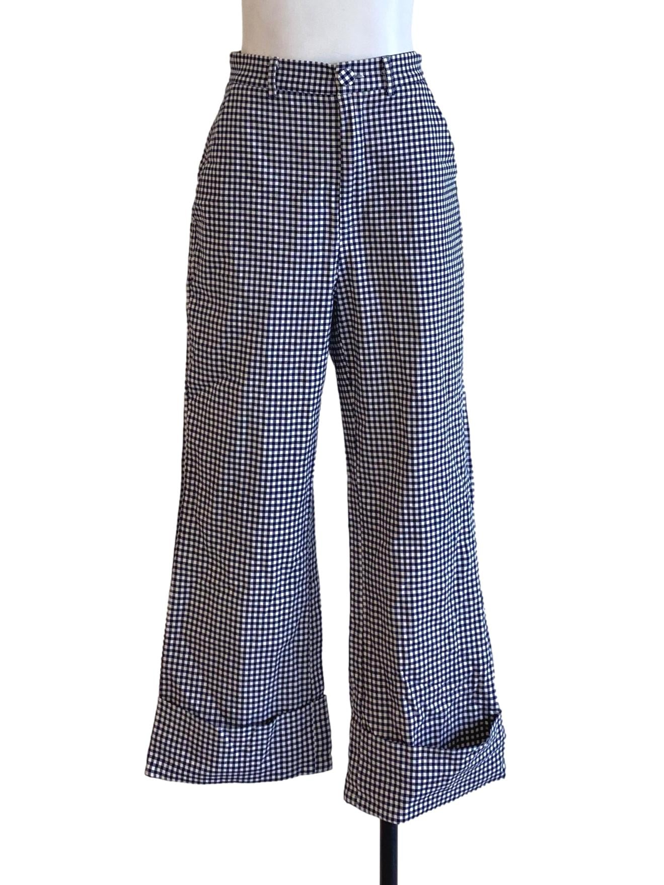 Navy Blue Plaid Cuffed Hem Straight Pants LB
