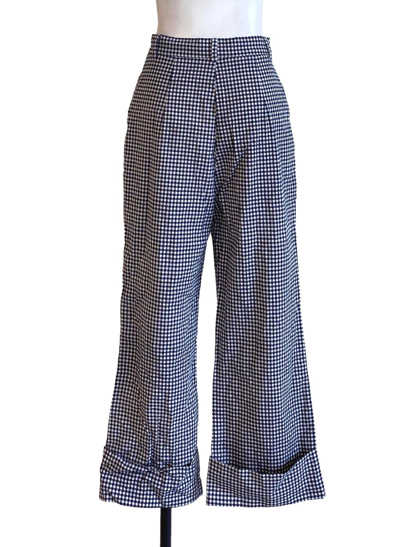 Navy Blue Plaid Cuffed Hem Straight Pants LB