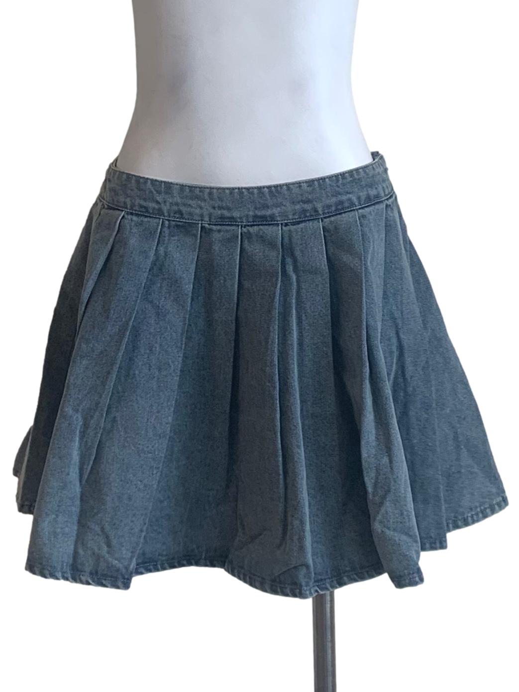 Aegean Blue Box Pleated Denim Skirt