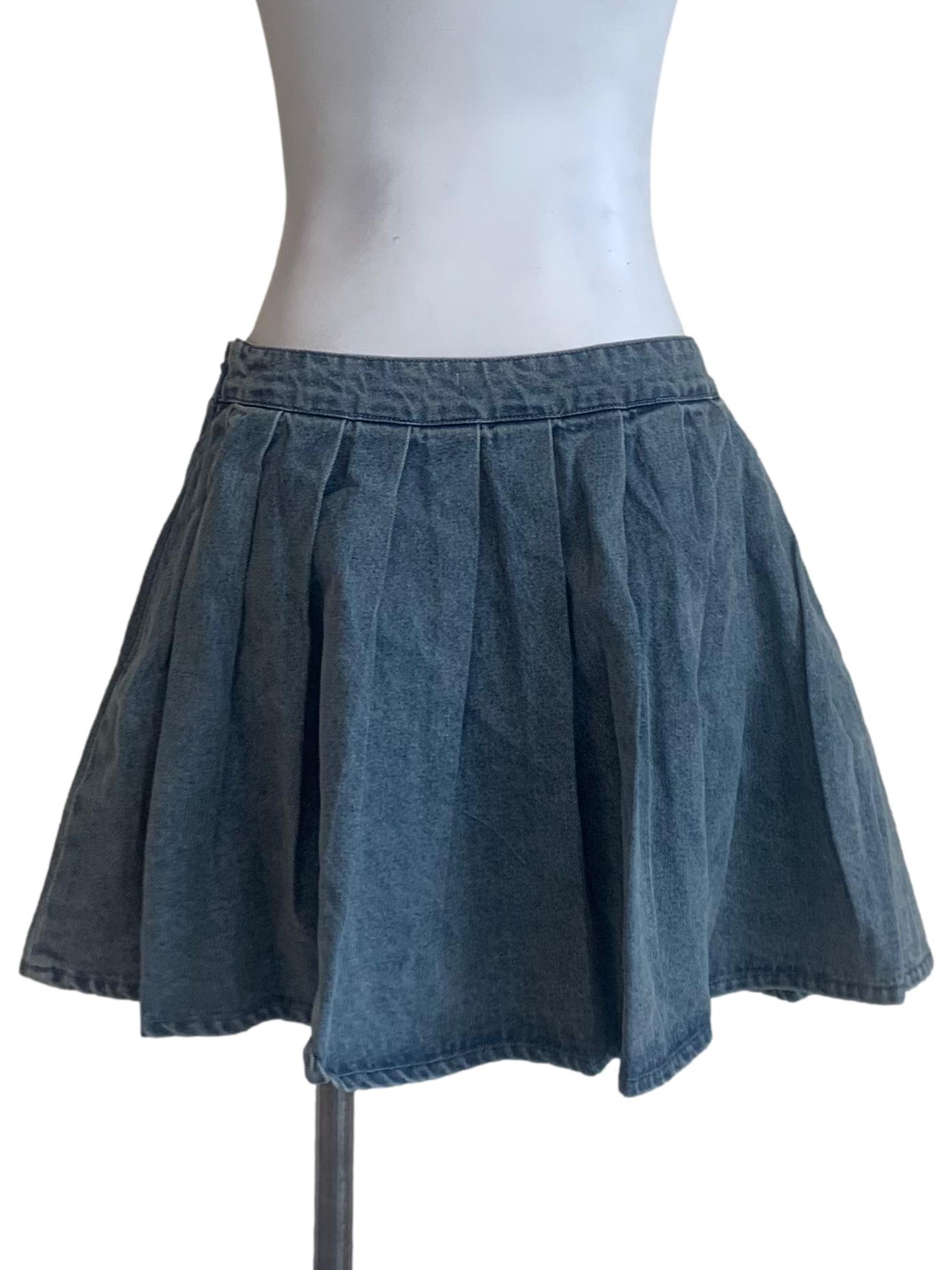 Aegean Blue Box Pleated Denim Skirt