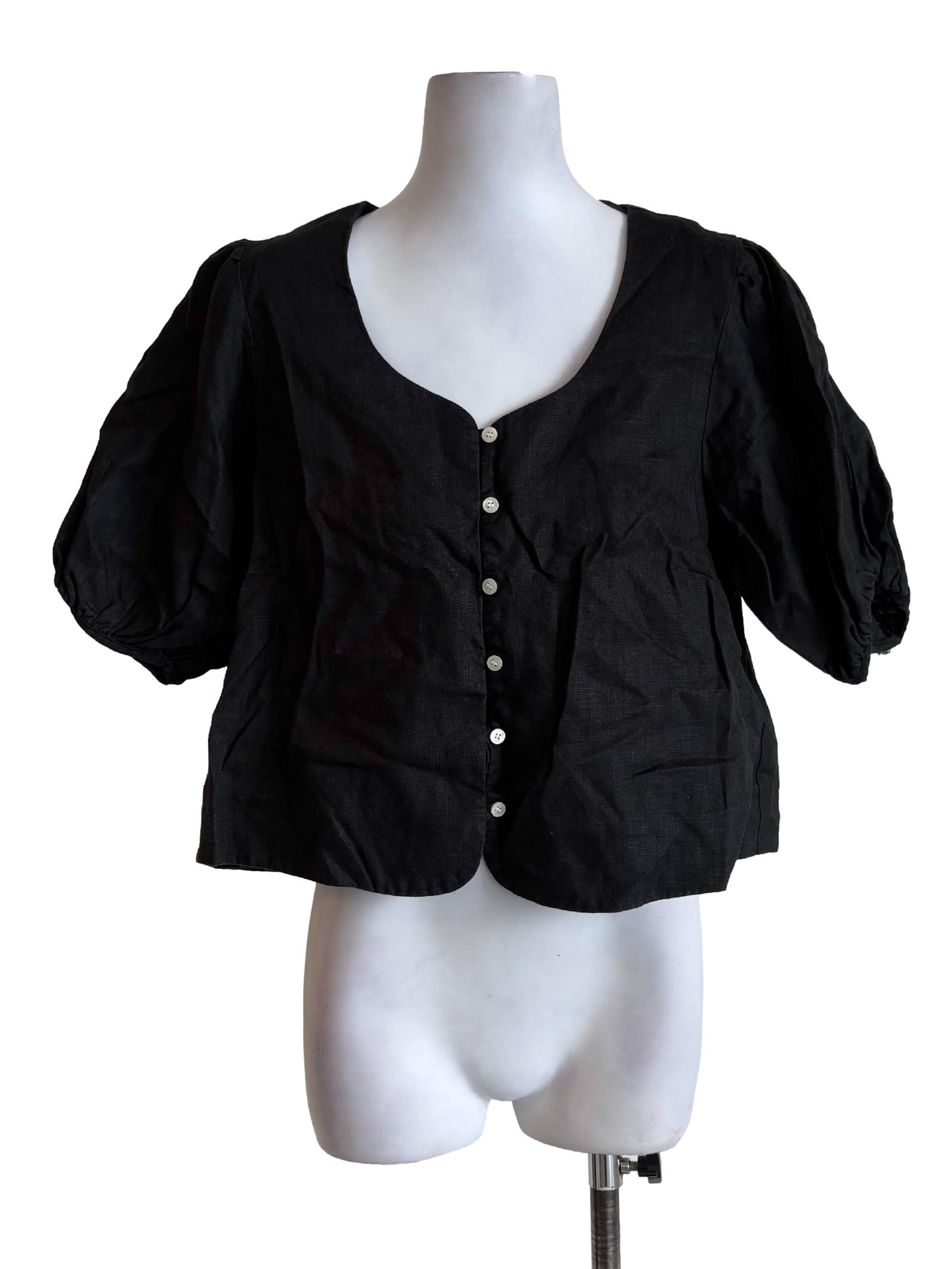 Black Linen Puffed Sleeves Blouse