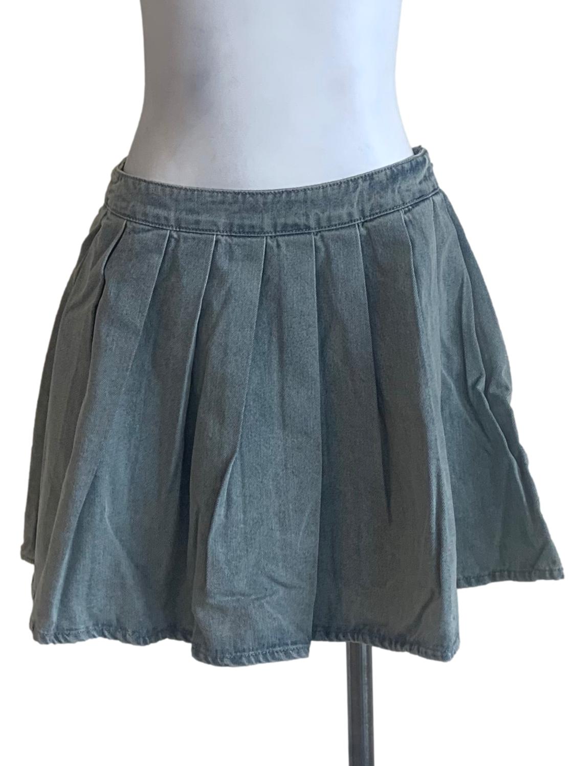 Stone Blue Box Pleated Denim Skirt