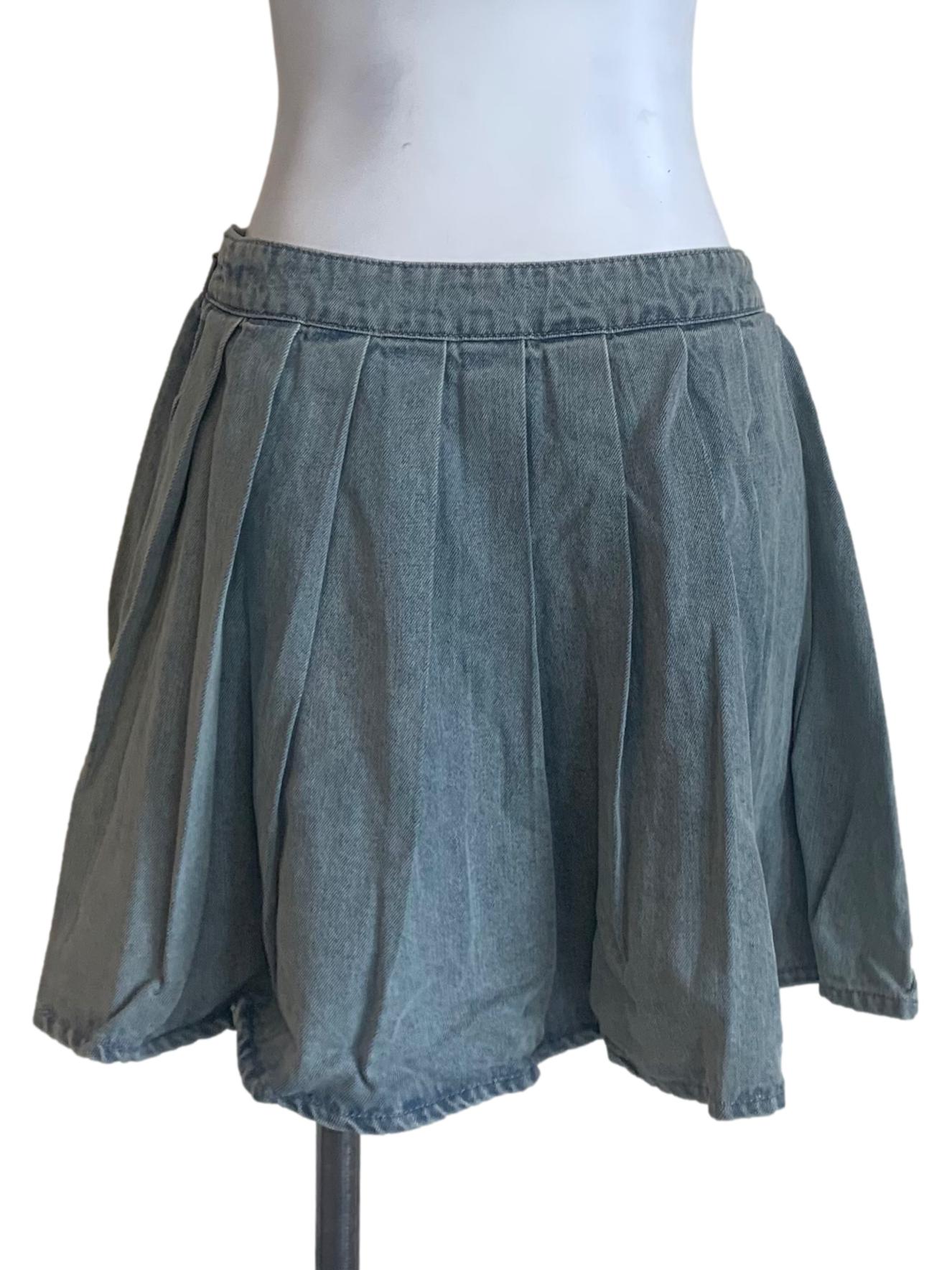 Stone Blue Box Pleated Denim Skirt