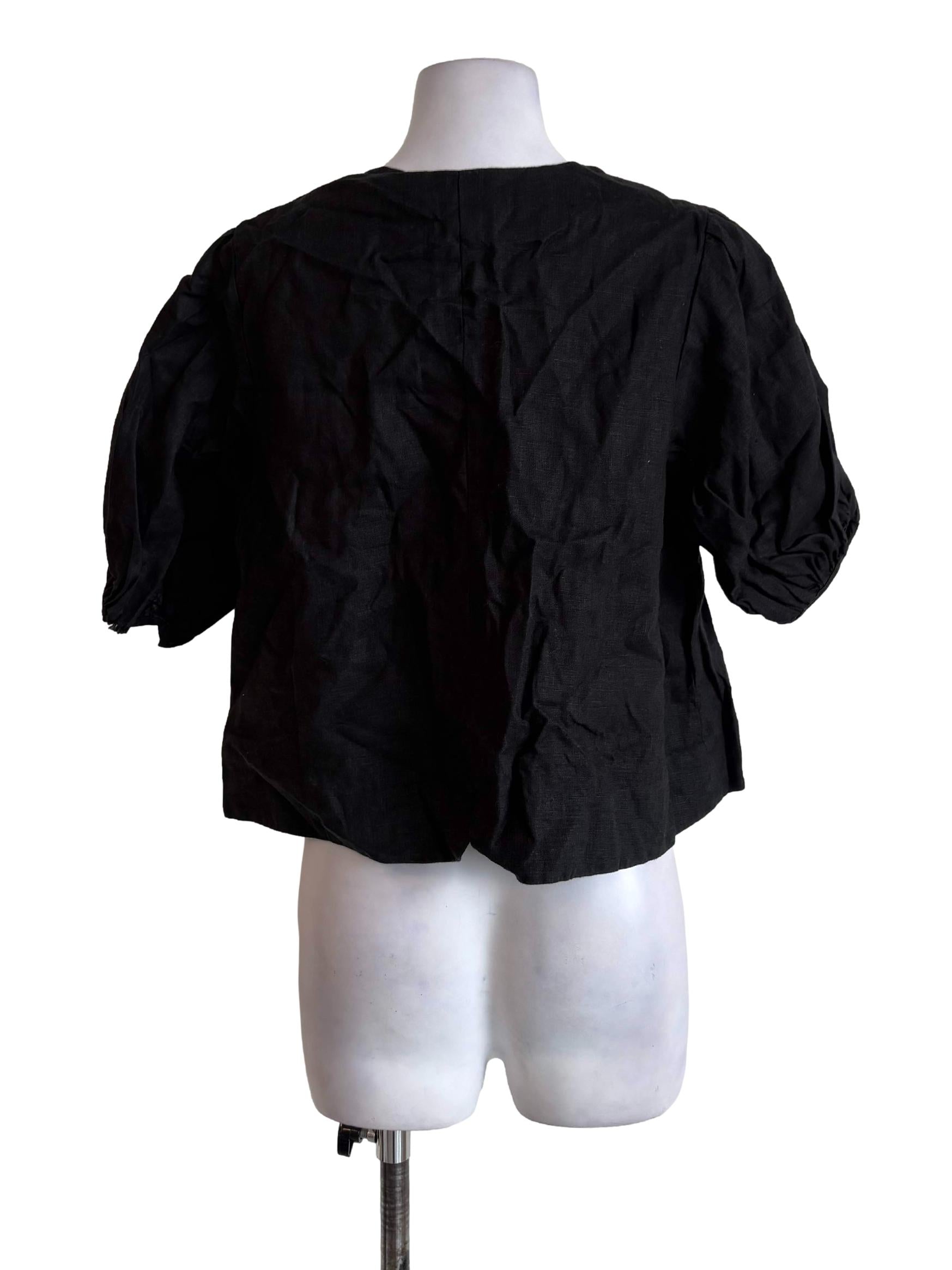 Black Linen Puffed Sleeves Blouse