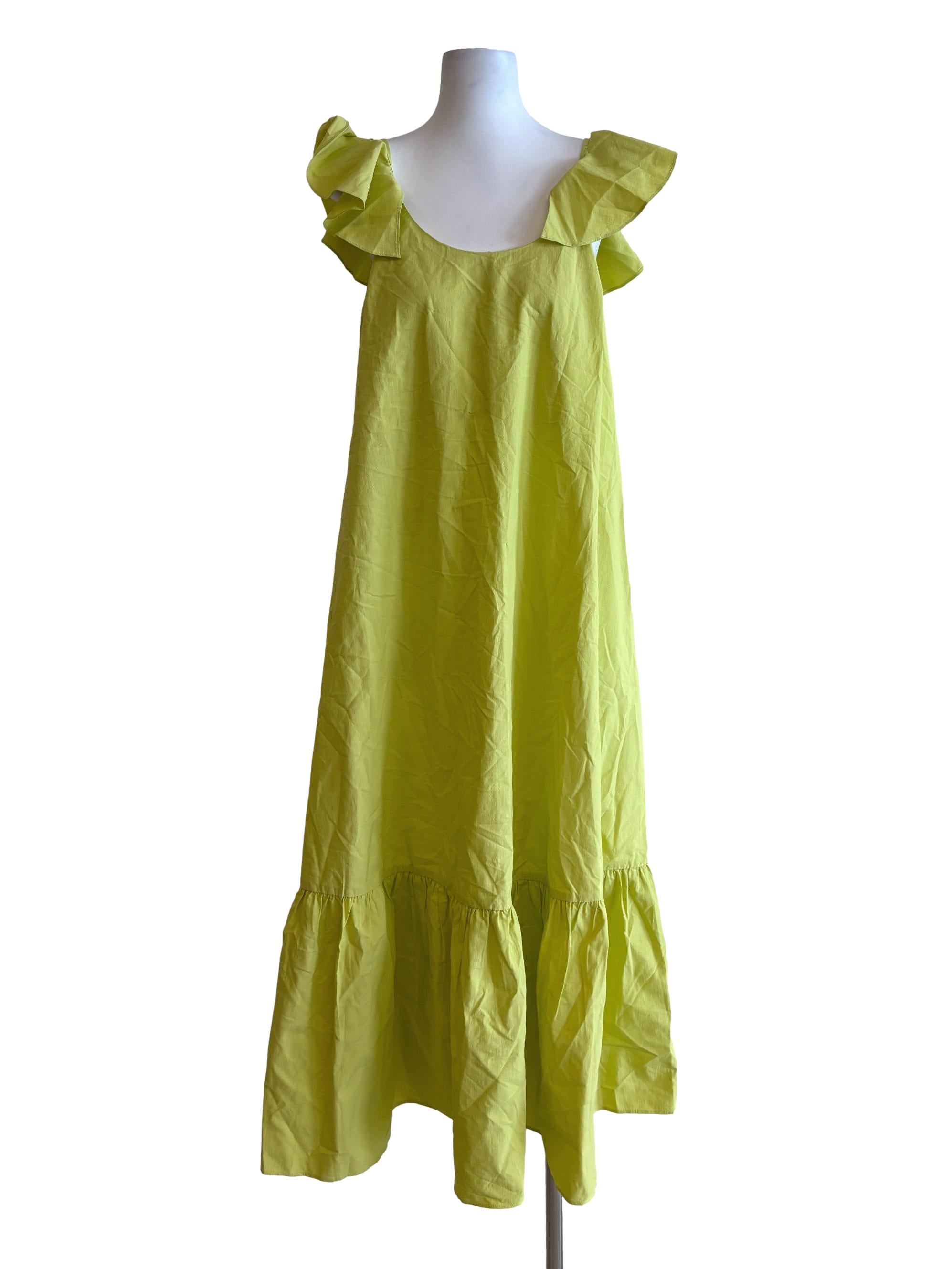 Chartreuse Green Ruffle Drop Waist Cotton Dress LB