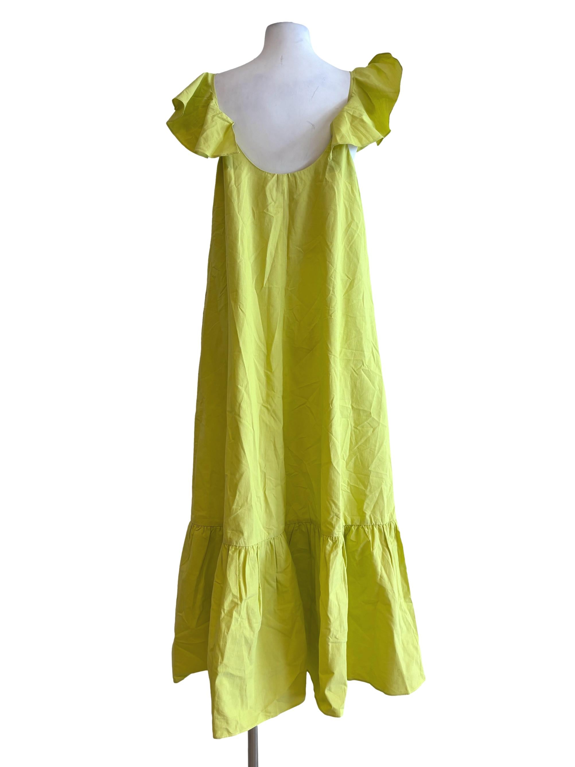 Chartreuse Green Ruffle Drop Waist Cotton Dress LB