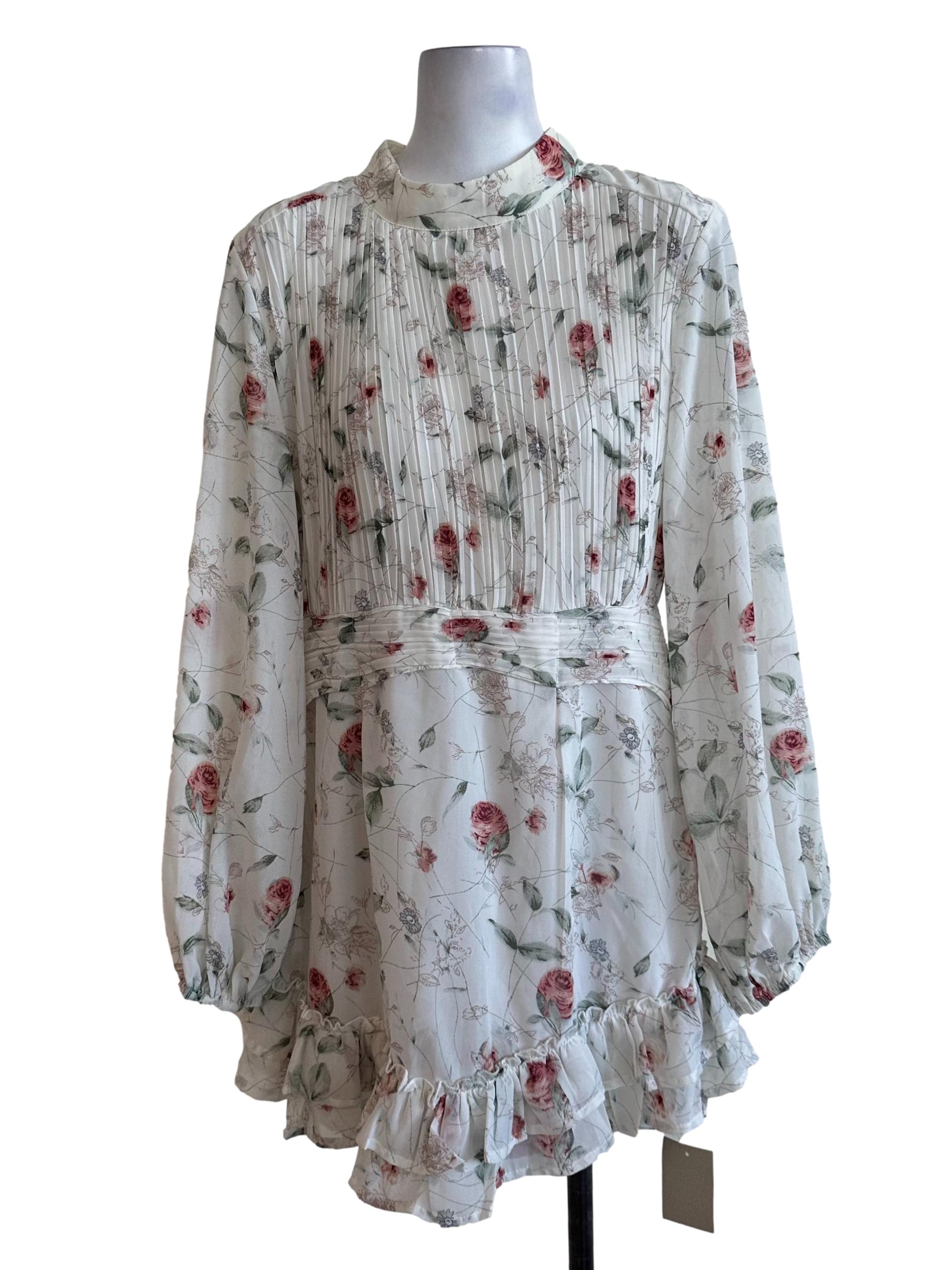 Ivory White Floral Pleated Ruffle Rompers